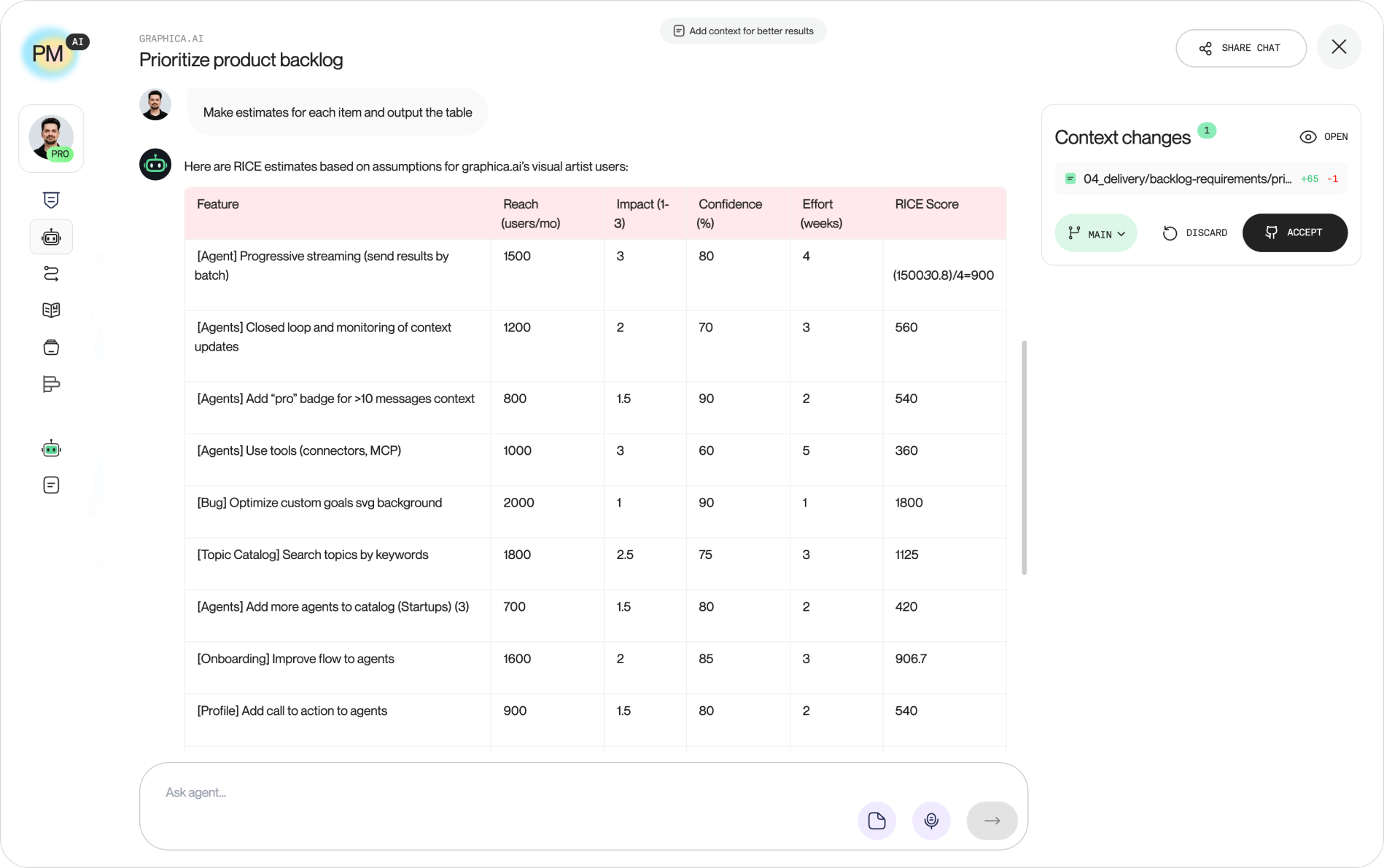 Hand your scoring sheet to Product Map's Backlog Prioritization AIAgent. It scores attention, maintenance, and eval cost with you and surfaces every item that moved once drag is honest.