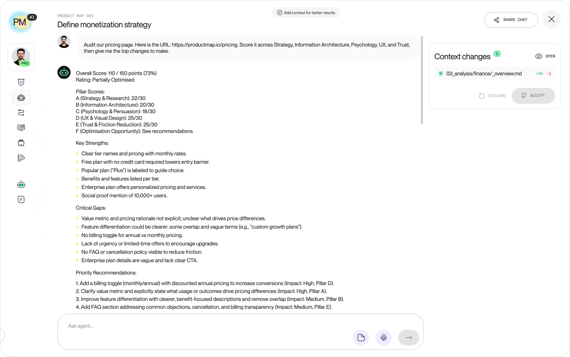 Product Map AI agent workspace titled "Define monetization strategy," showing a scored pricing-page audit across Strategy, Information Architecture, Psychology, UX, and Trust, with critical gaps such as unclear value metric and feature differentiation, plus context changes ready to apply to a finance overview doc