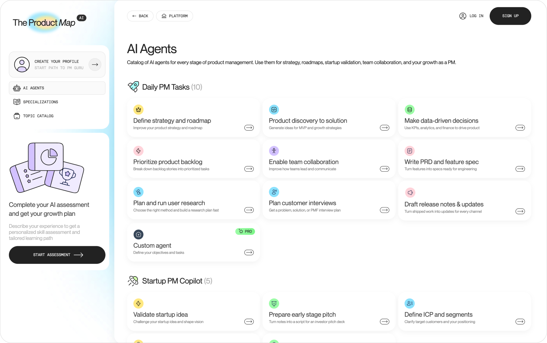 A screenshot of the Product Map agent catalog showing the grid of lifecycle agents (strategy, discovery, user research, PRD, release notes, analytics, unit economics) with one agent card expanded to reveal its capabilities, example prompts, and the artifacts it produces