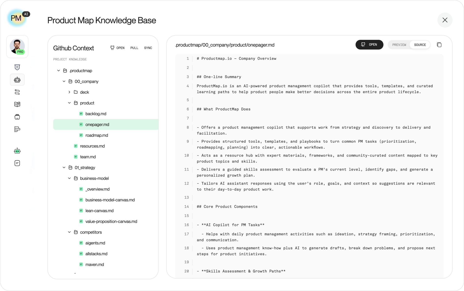 Screenshot of the Product Map knowledge interface showing the generated .productmap knowledge base structure connected to a GitHub repository, with lifecycle folders and document previews