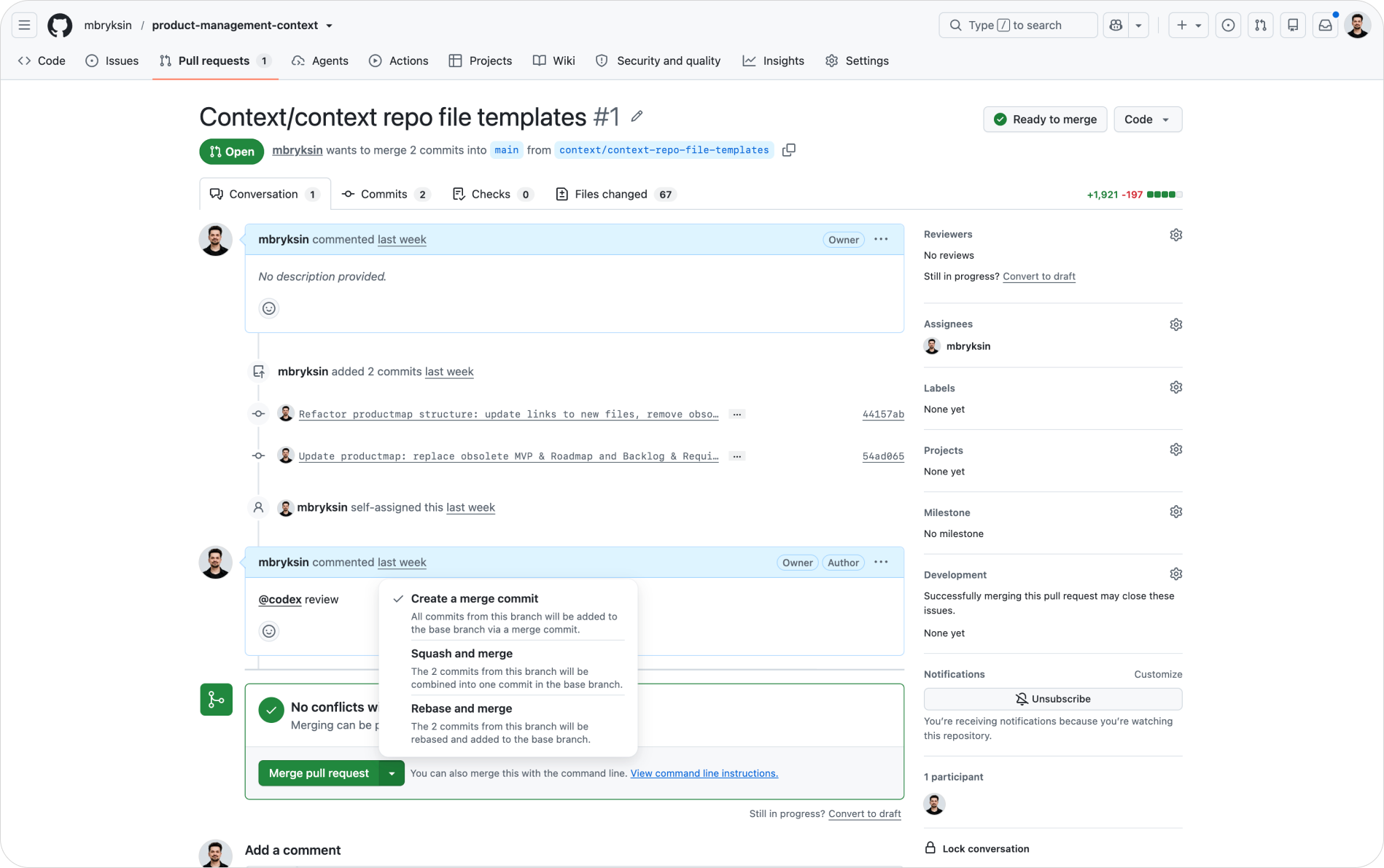 A GitHub pull request view showing a diff of the product knowledge repo structure