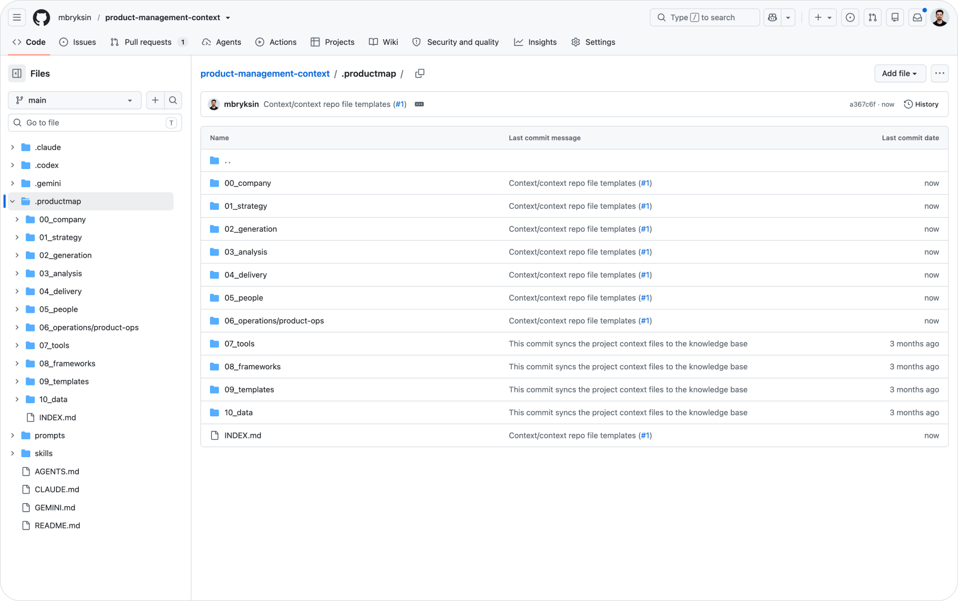 A file tree showing a product repository with .productmap domain folders, a .claude/skills directory, CLAUDE.md and AGENTS.md at the root, and a closed pull request from the Product Map bot in a commit history