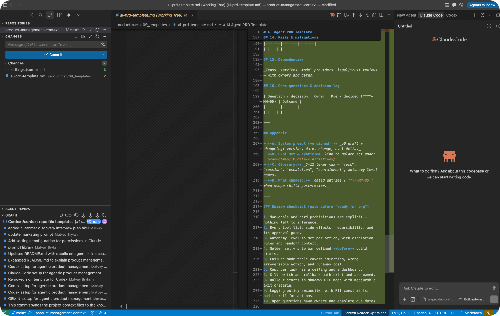 Cursor IDE with the file explorer showing a product repo, a Claude Code panel drafting a PRD, and the source control panel displaying a staged diff ready to commit
