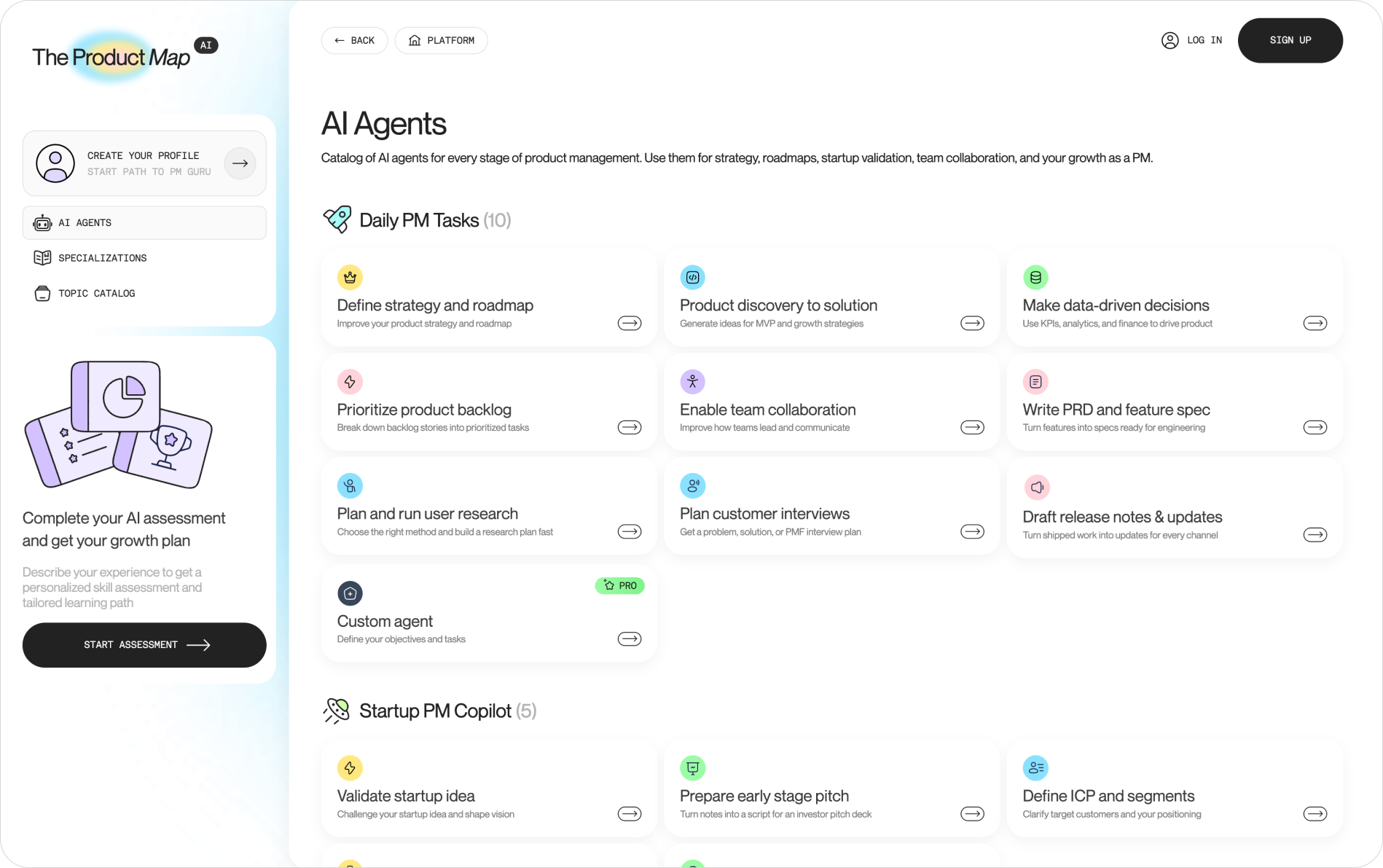 Product Map AI Agents catalog, showing agent cards for product discovery, PRD specification, backlog prioritization, monetization pricing, and unit economics