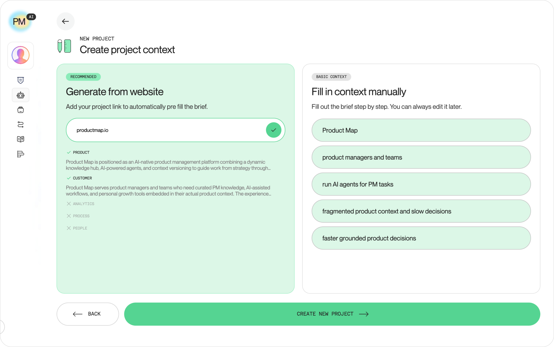 The "Create project context" screen after extraction completes, showing the product and customer summaries with green checkmarks on the left, and the auto-filled organization, customer, and outcome fields on the right