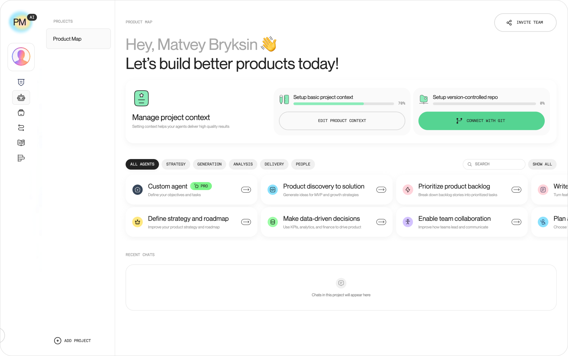 The project home screen ("Let's build better products today!") showing the basic context progress bar at 70% and the version-controlled repo progress bar at 0% next to a green "Connect with Git" button