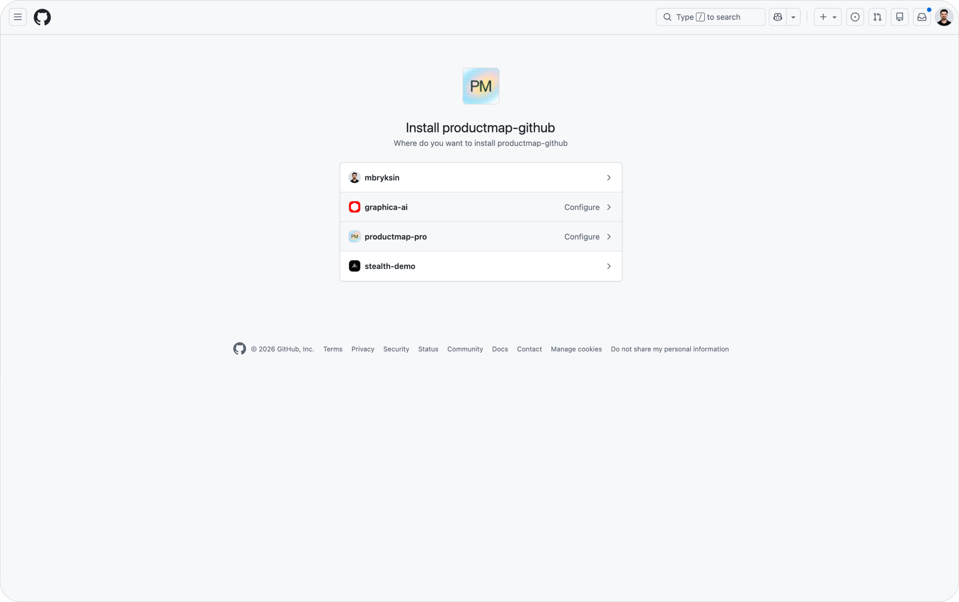 GitHub's "Install productmap-github" screen, listing the personal account and organization options, with "Configure" links next to two of them, showing where the app can be installed