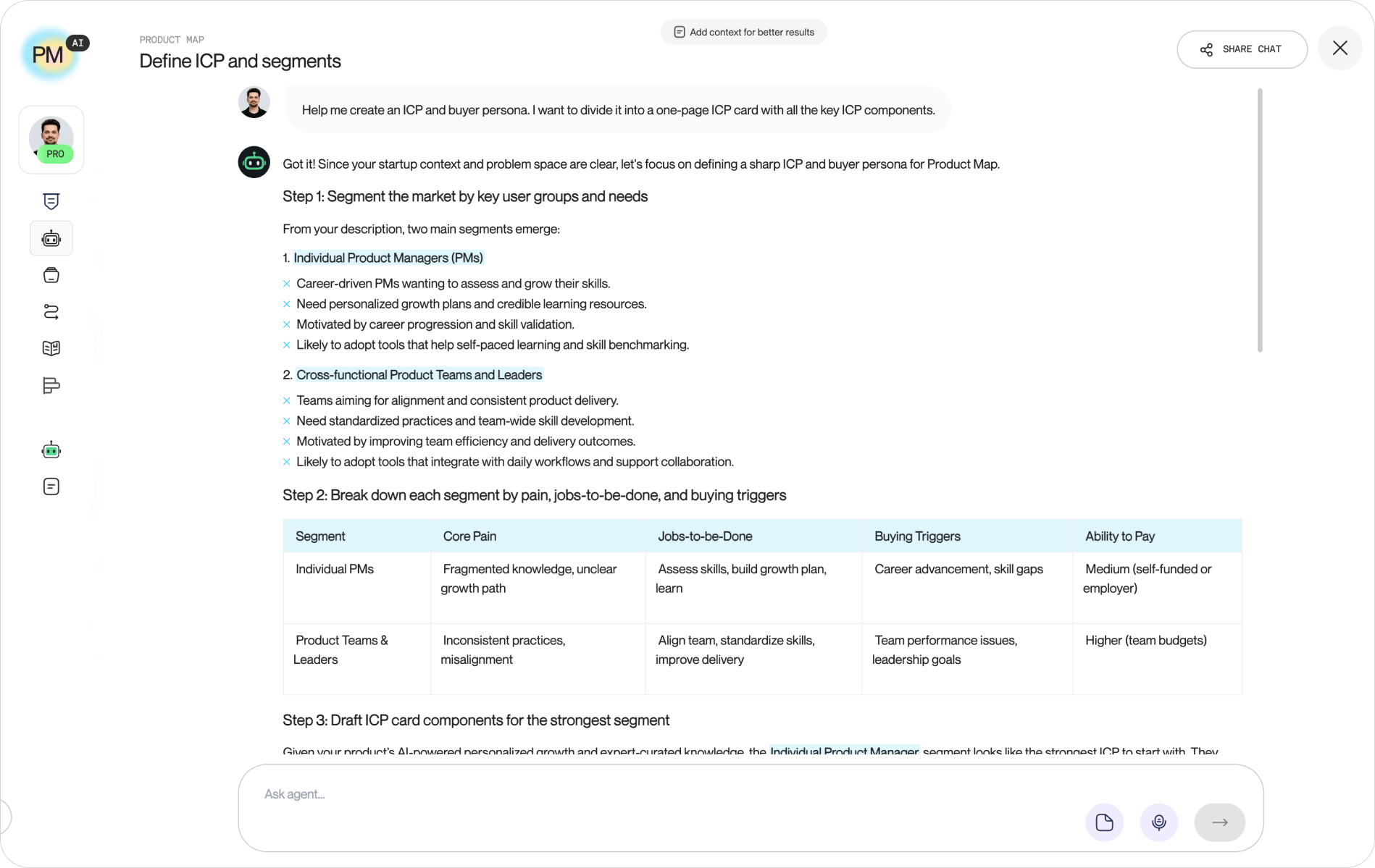 Screenshot of the Product Map "Define ICP and segments" AI agent in the chat interface, with the conversation on the left and a drafted B2C ICP file with filled-in profile and attributes