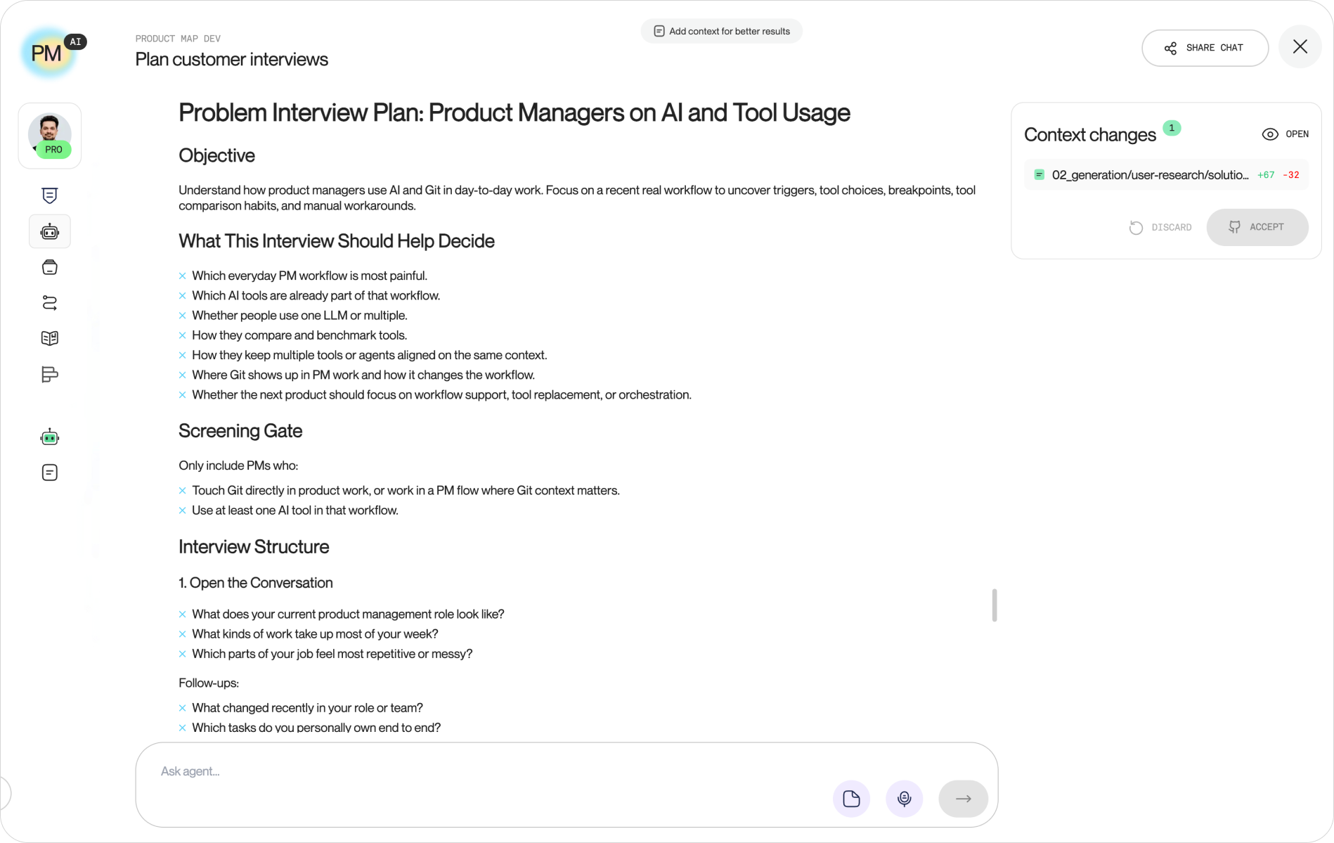 Screenshot of the Product Map customer interview planner AI agent generating a structured interview guide, with sections for warm-up, problem discovery, and probes visible in the output