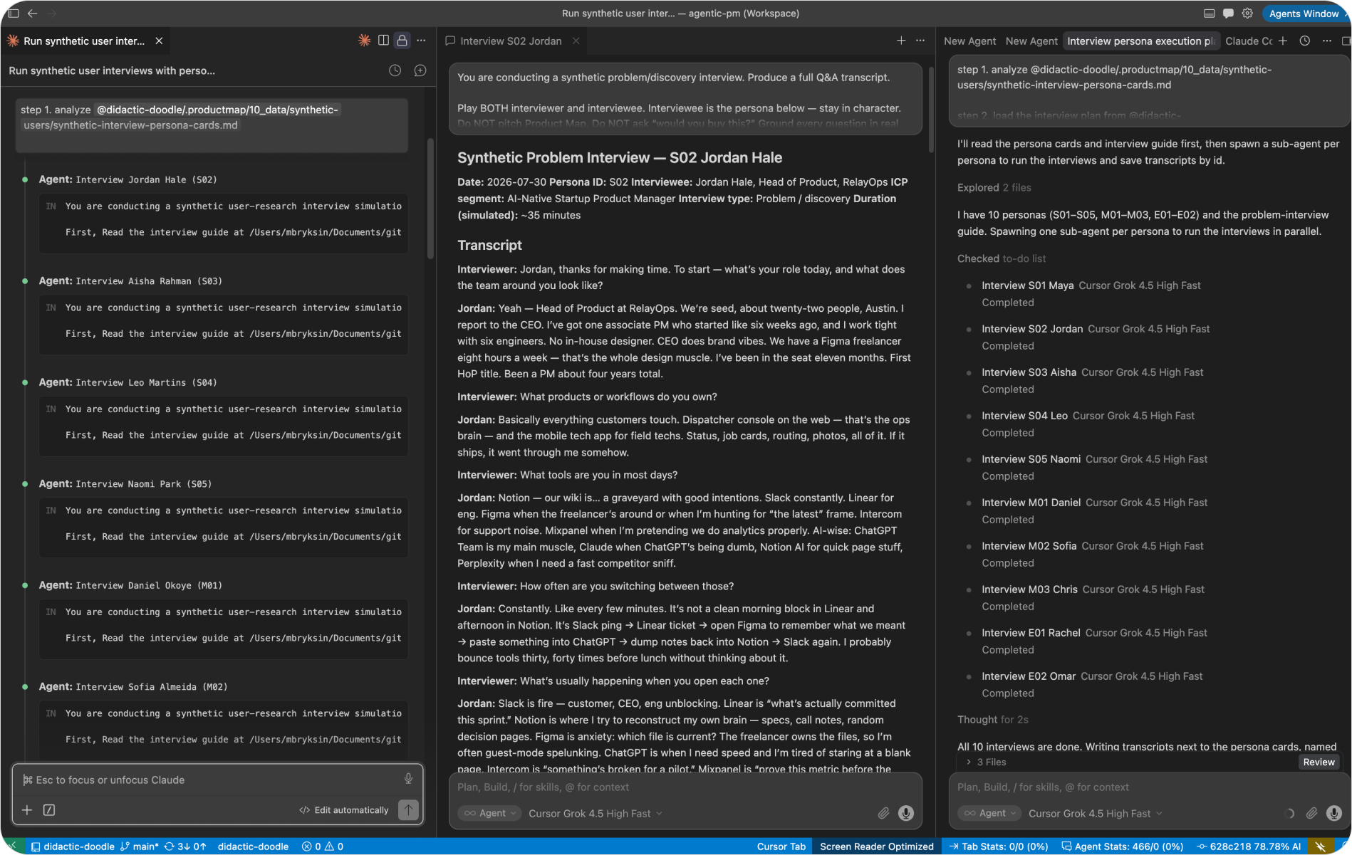 Side-by-side screenshot of parallel subagents running in Claude Code and Cursor, each producing an interview transcript file, with the task list of running agents visible