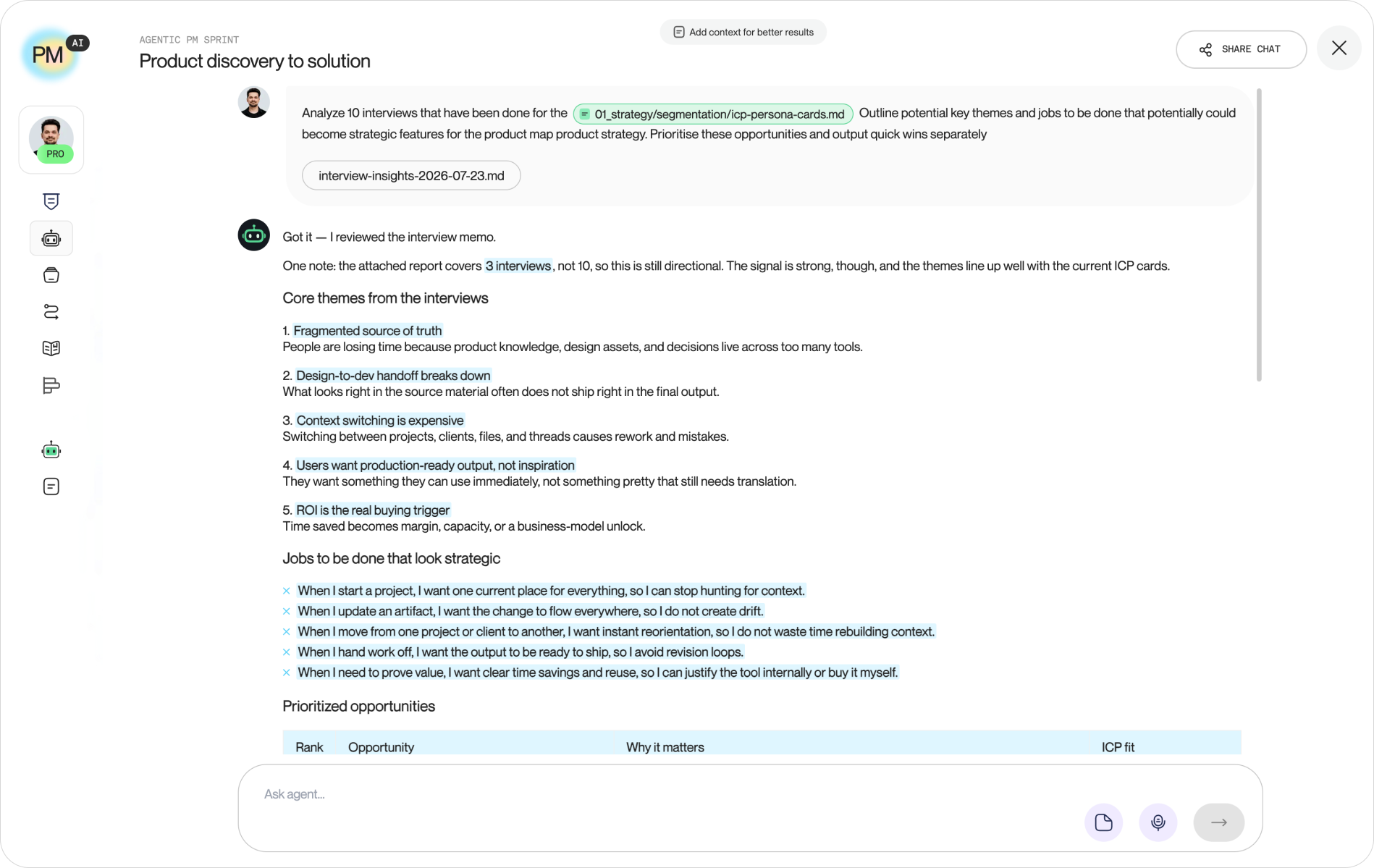 Screenshot of the Product Map discovery AI agent's output: ranked opportunity areas with attached verbatim quotes on one side and proposed changes to the product context files on the other