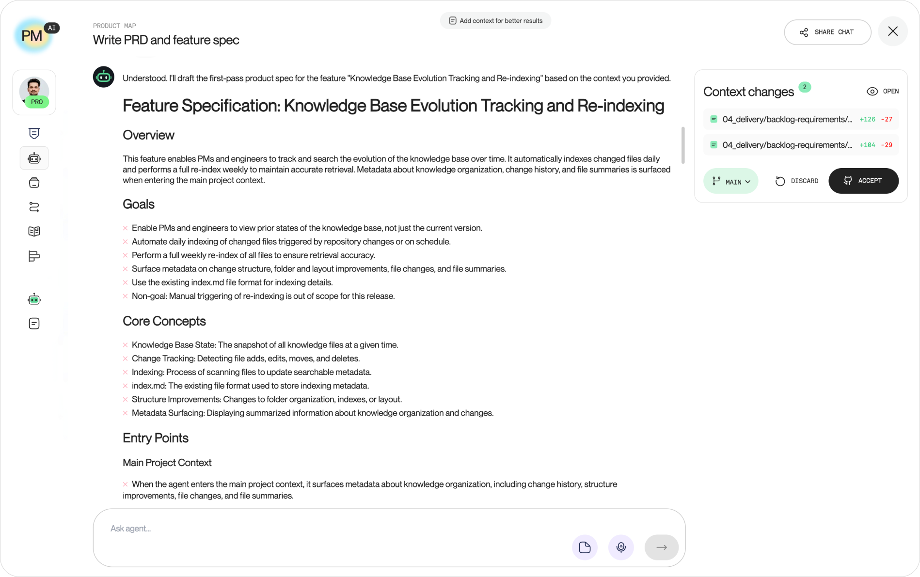 From PRD draft to engineering-ready spec: Product Map PRD agent drafting a feature specification from product context, with context changes ready to accept into the Git repo for implementatio