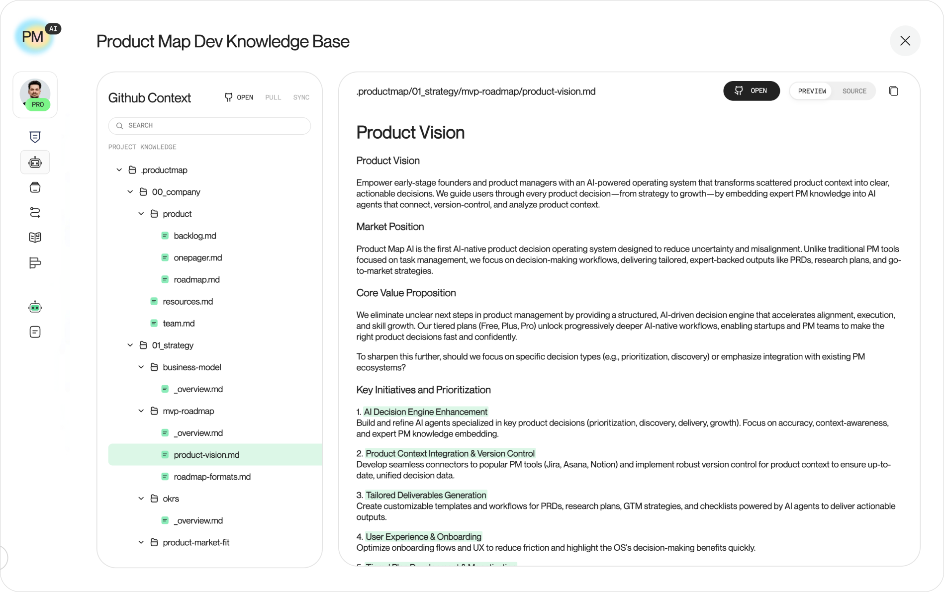 Product Map's Knowledge Base with the `.productmap` folder tree on the left and `product-vision.md` rendered on the right, showing strategy docs versioned in Git where every agent reads the same context