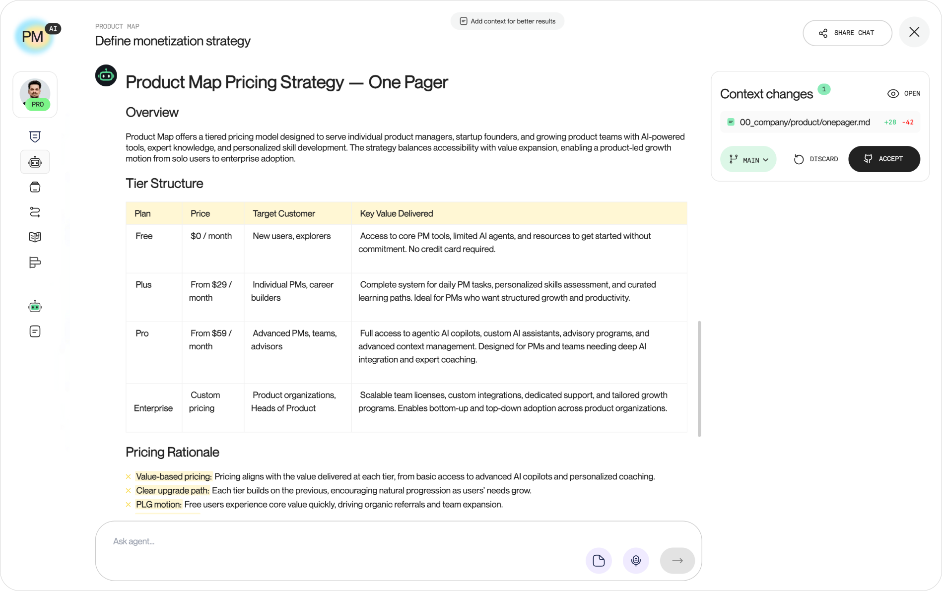 A screenshot of the Product Map monetization and pricing AI agent interface, showing the chat panel working through a value metric and recommending a hybrid base-plus-resolution model for a support agent