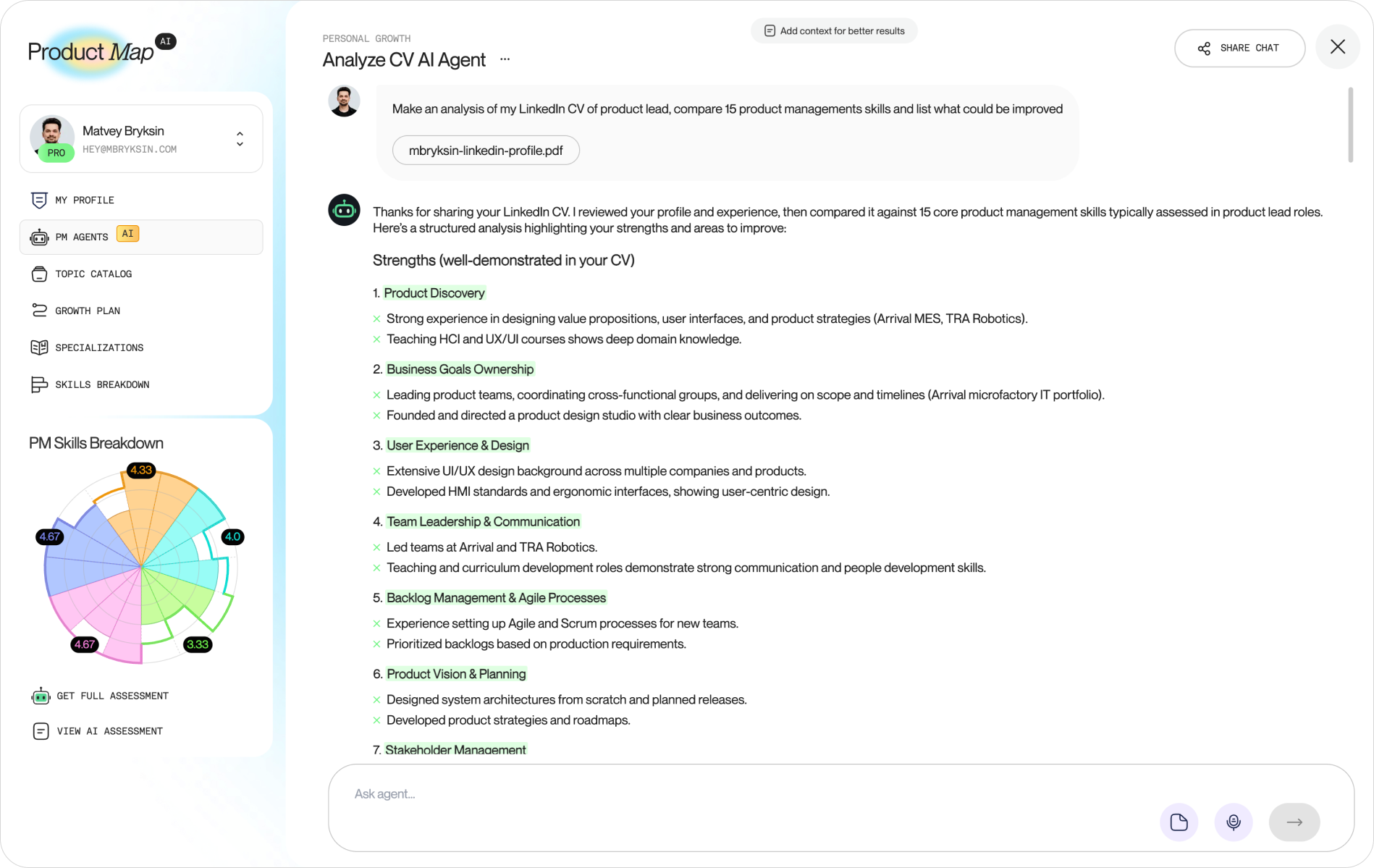 Product Map Analyze CV AI Agent chat after uploading a LinkedIn profile PDF, showing a structured list of PM skill strengths with evidence pulled from the CV and a skills radar chart in the sidebar