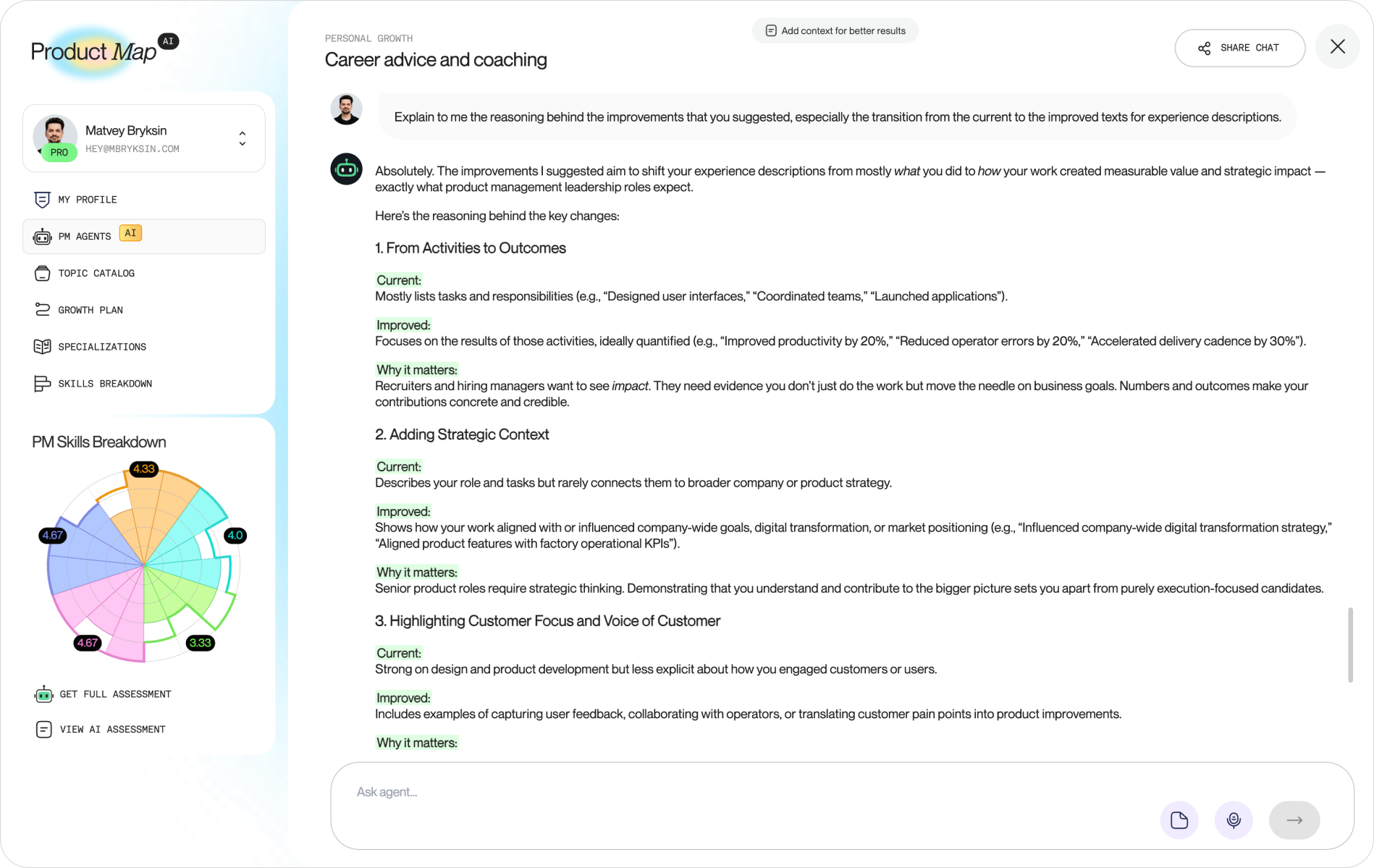 Product Map Career advice and coaching agent explaining three CV rewrite principles side by side: activities to outcomes, adding strategic context, and voice of customer, with current versus improved bullet examples