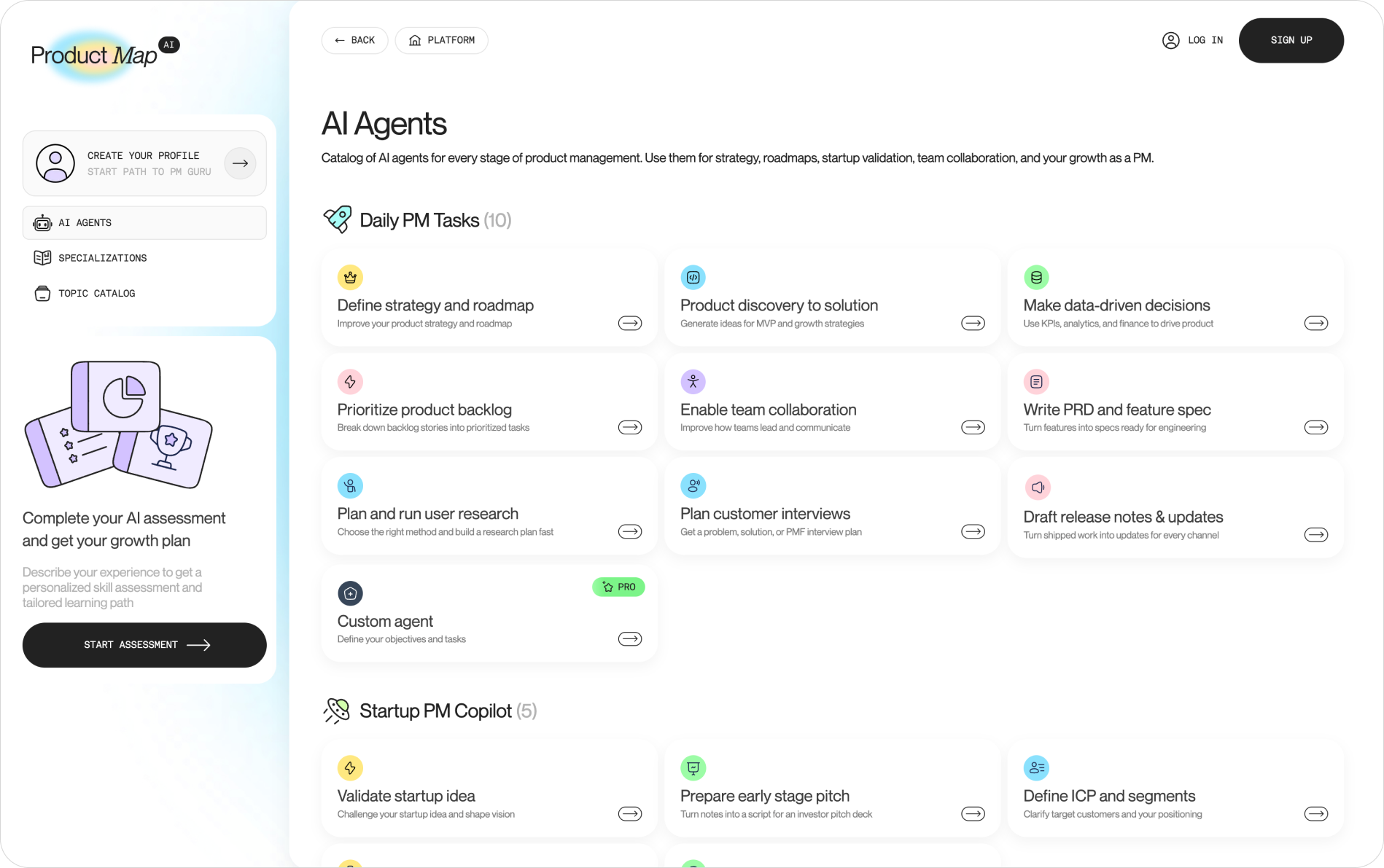 Screenshot of the AI agent catalog with all tools, showing Daily PM Tasks and Startup PM Copilot sections with agent cards for strategy, discovery, PRDs, research, and backlog prioritization