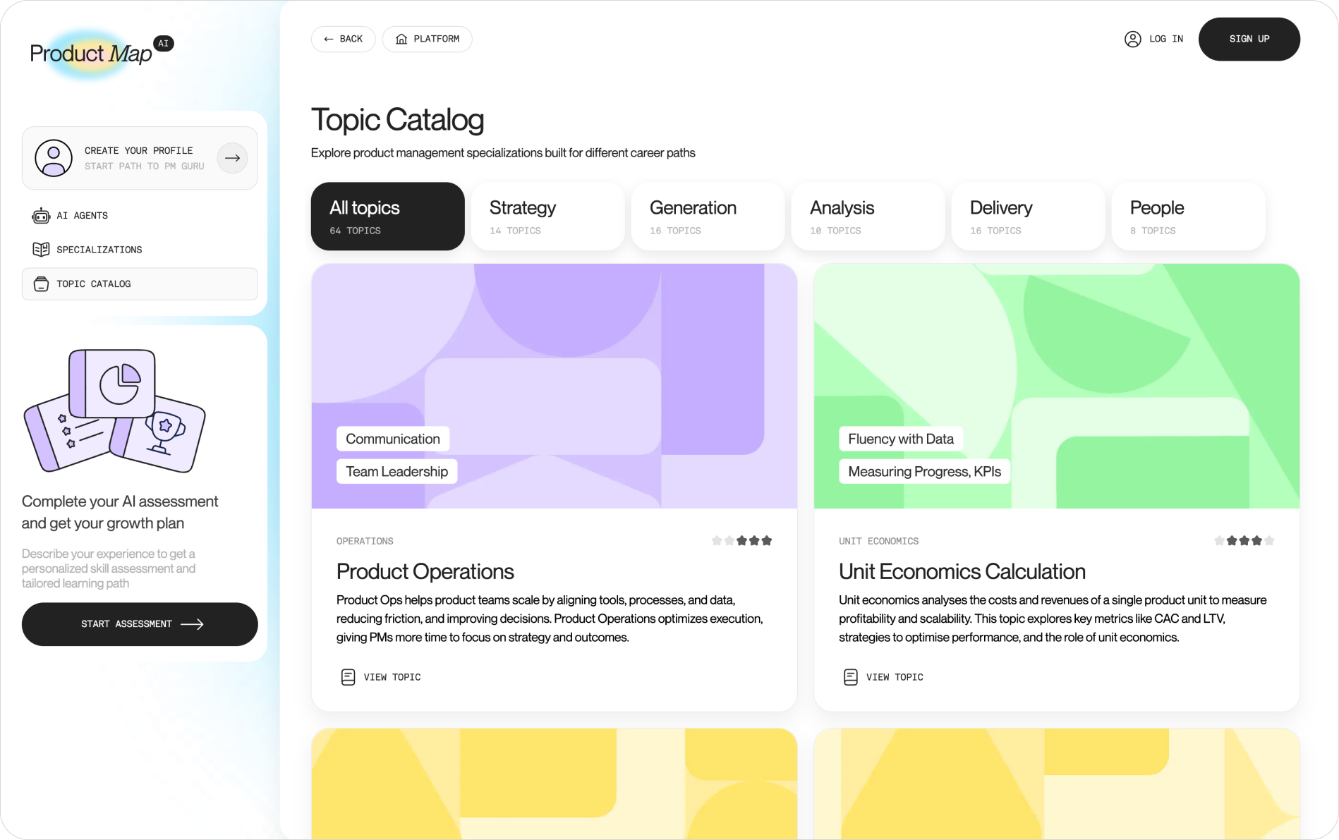 Screenshot of the Product Map topic catalog, showing PM topics grouped by lifecycle stage with an opened topic page listing frameworks, steps, and curated resources