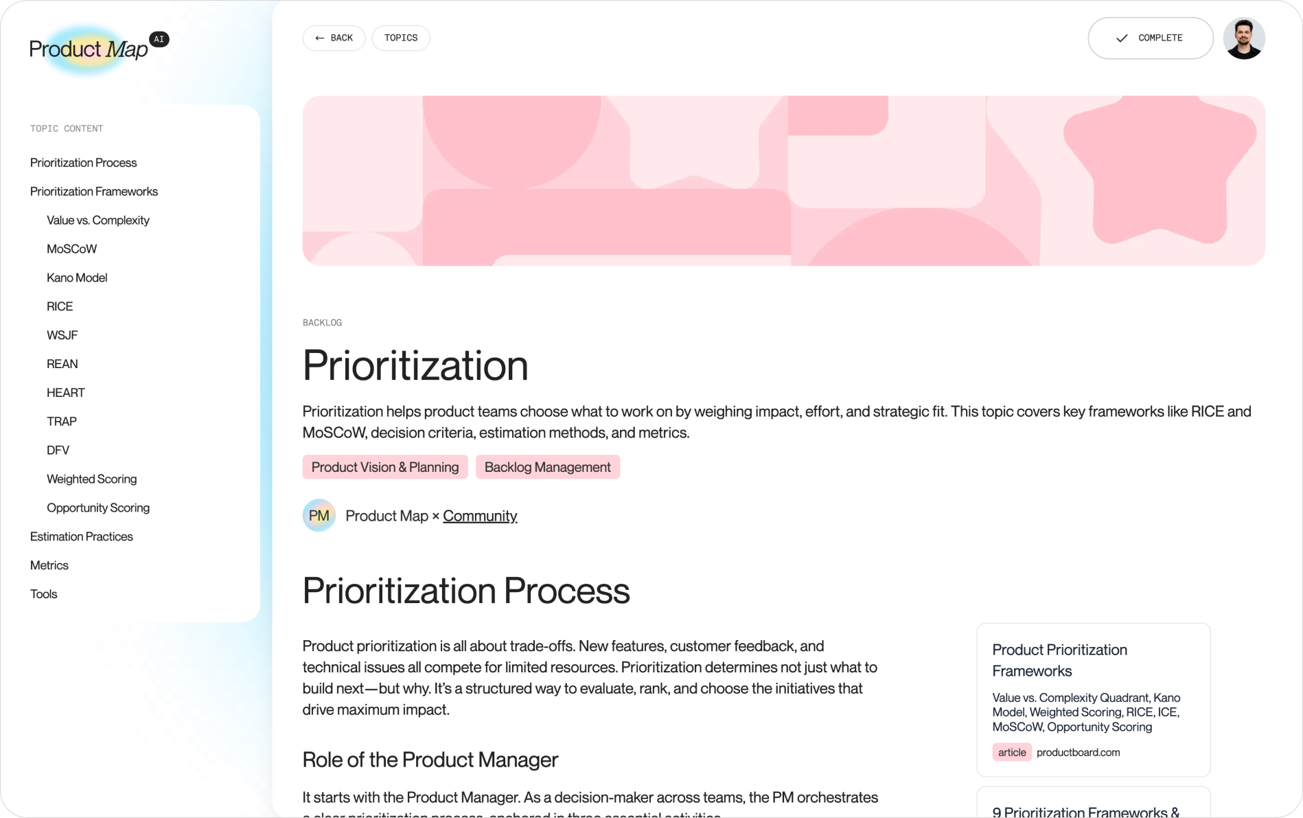Screenshot of the Product Map prioritization guide page, showing the interactive topic map with framework sections including RICE, MoSCoW, Kano, and WSJF