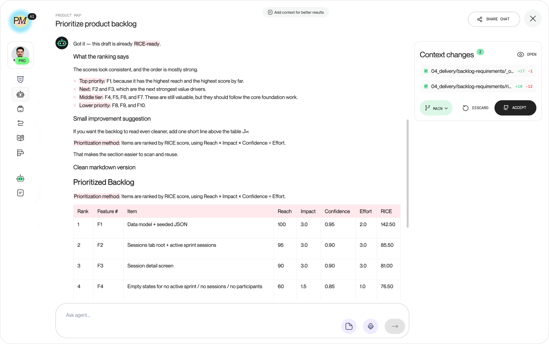 Screenshot of the Product Map backlog prioritization AI agent chat, showing a backlog being scored with RICE and a ranked output with reasoning per item