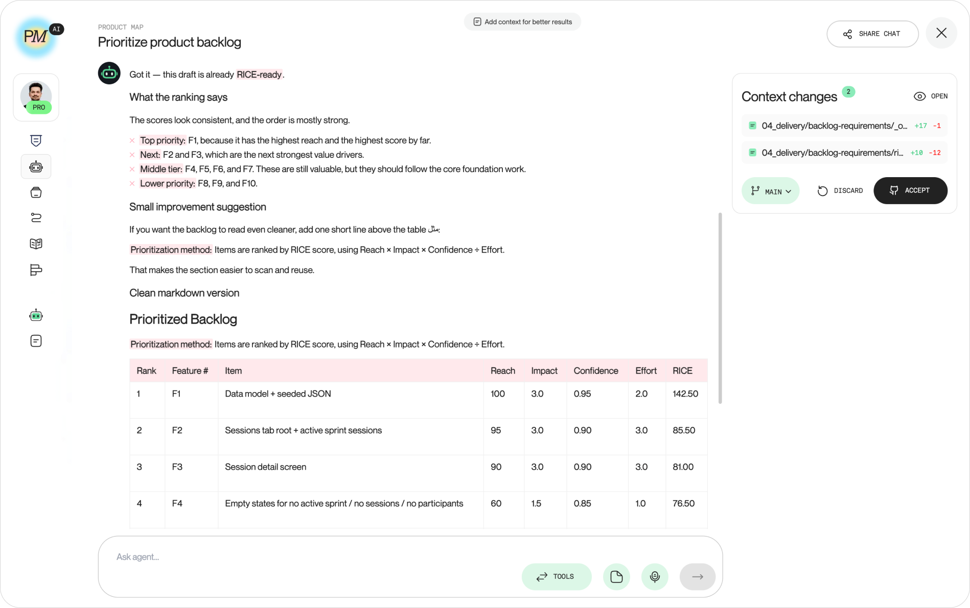 Screenshot of Product Map's backlog prioritization agent scoring a list of backlog items, with the chat panel on the left and RICE scores with reasoning on the right