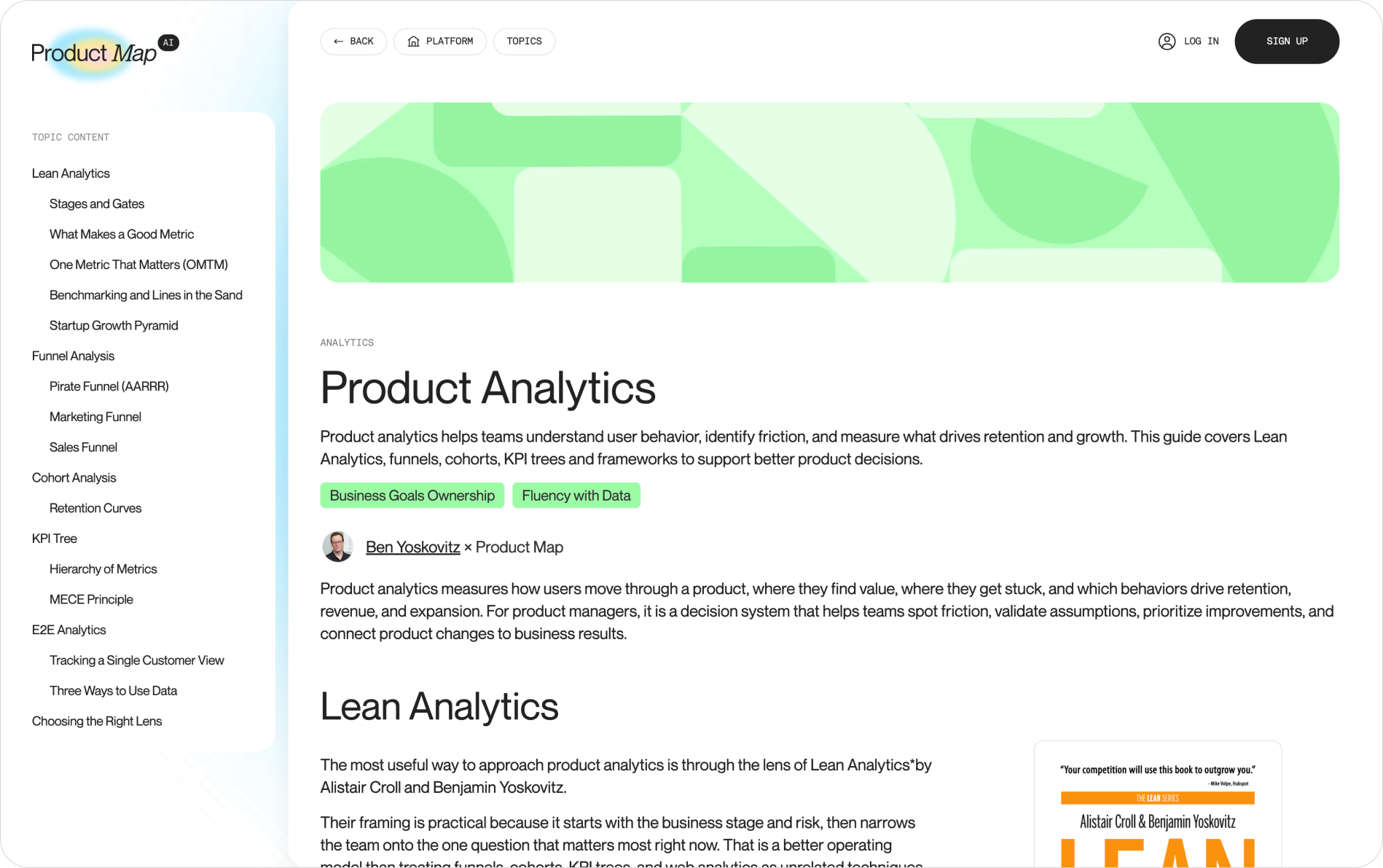 The Product Analytics guide on Product Map, showing the Lean Analytics section with the stage progression and the funnel, cohort, and KPI tree chapters in the topic navigation