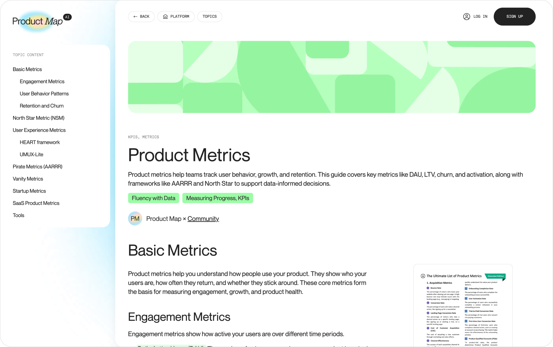 The Product Metrics guide on Product Map, showing the north star metric, KPI tree, and metric frameworks sections of the topic page