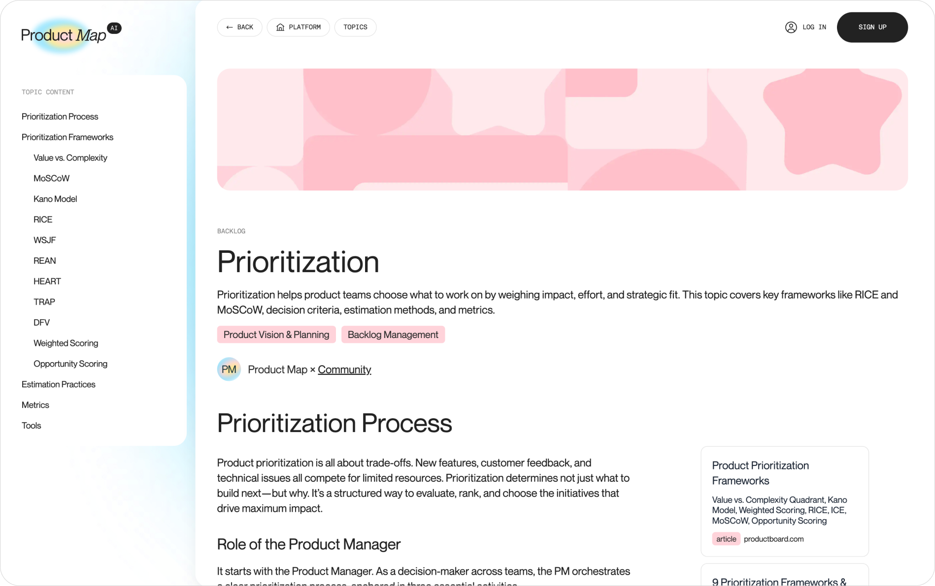 The Product Map prioritization guide, showing the process and frameworks including RICE, MoSCoW, and Kano