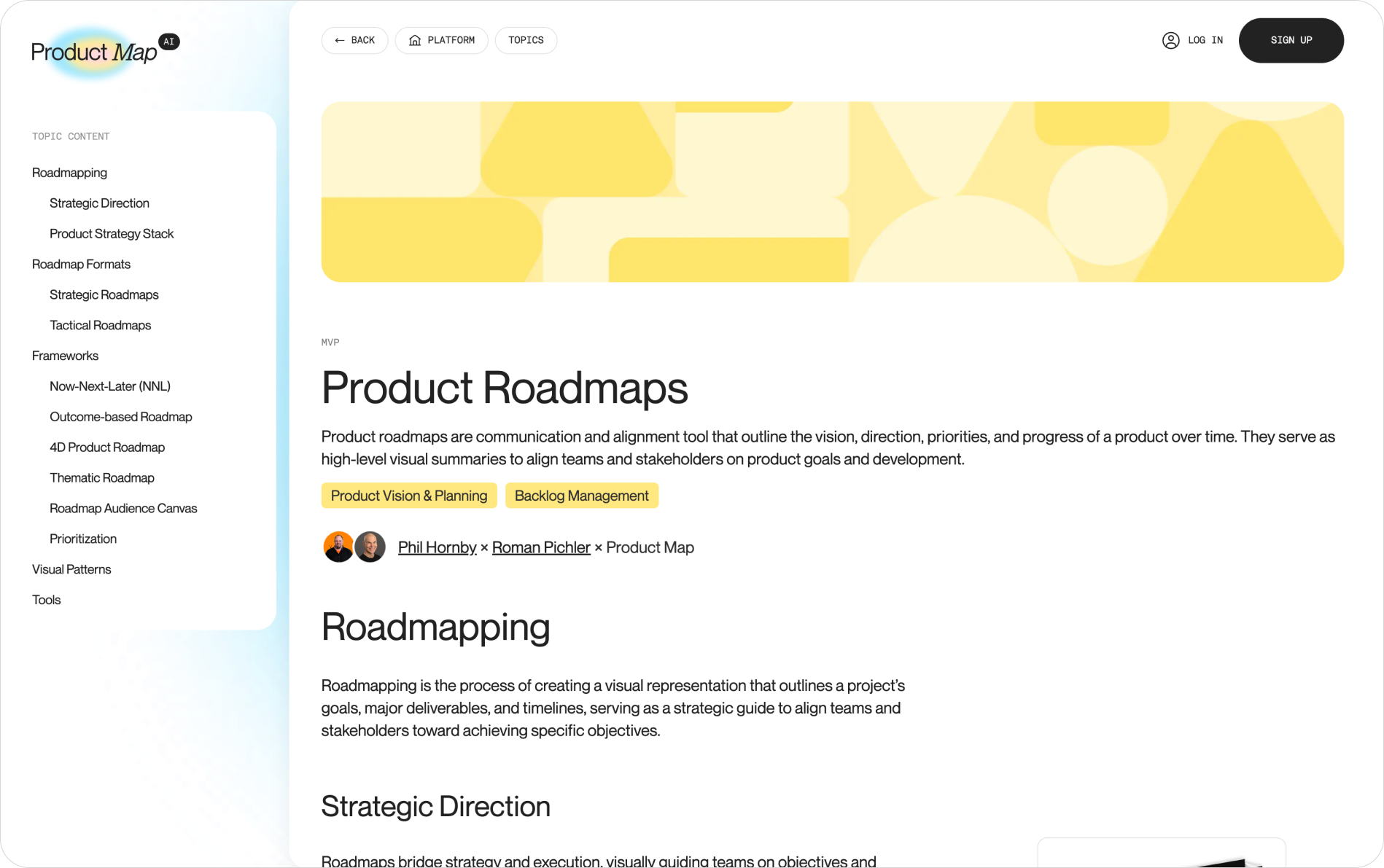 The Product Map product roadmaps guide, showing the topic page with its roadmap frameworks, resources, and connected agents