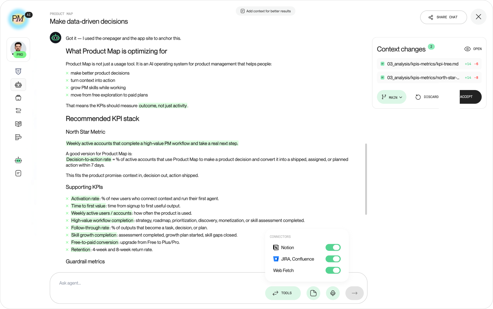 Screenshot of the Product Map "Make data-driven decisions" AI agent chat, showing a PM asking why an AI feature's override rate is rising and the agent structuring the analysis by model version and cohort