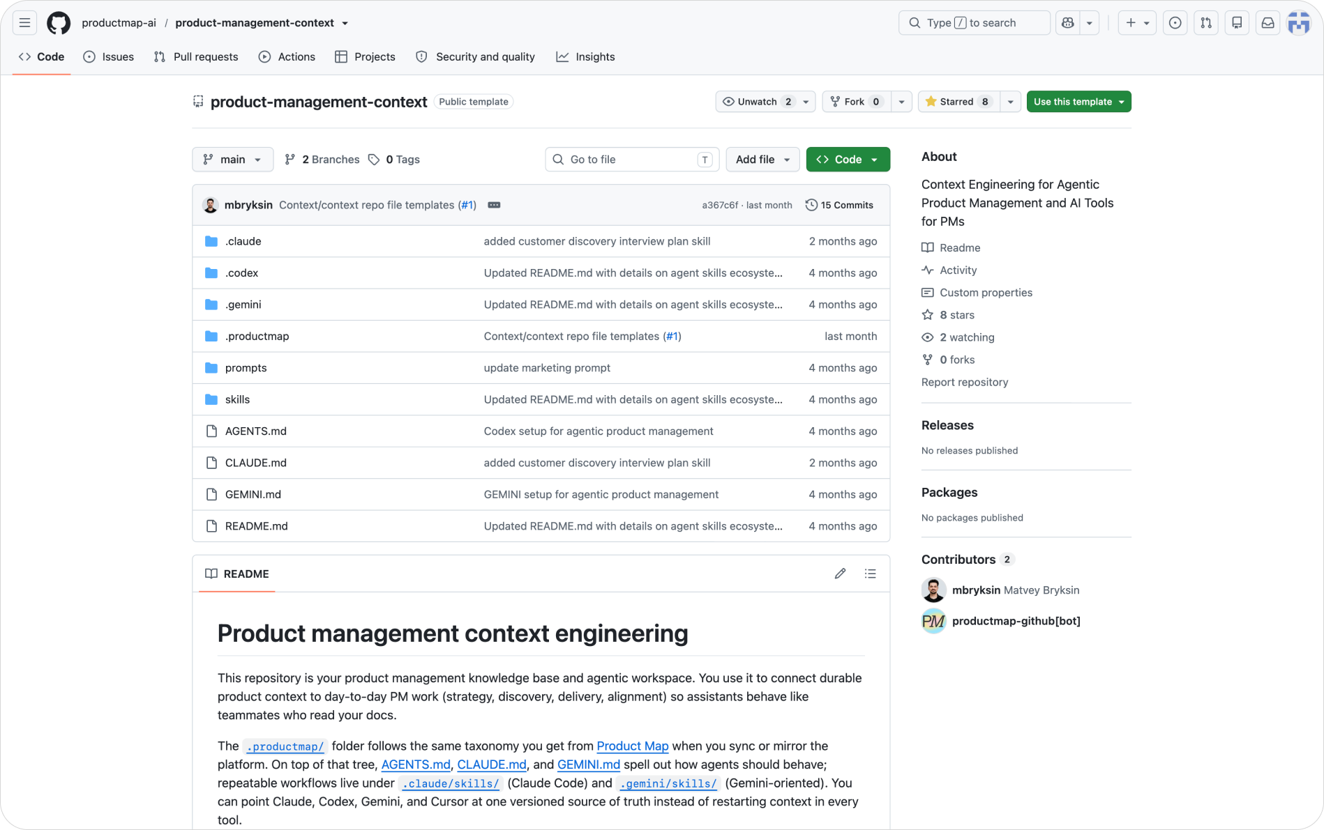 The product-management-context repository template on GitHub, showing .claude, .codex, .gemini, and .productmap folders plus AGENTS.md, CLAUDE.md, GEMINI.md, and README.md