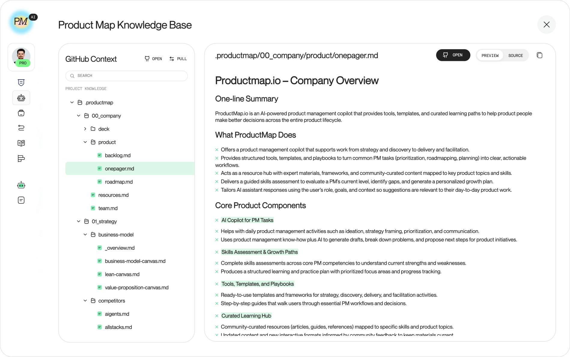 The Product Map Knowledge Base view, showing the .productmap folder tree with numbered domain folders on the left and the rendered Markdown of onepager.md open on the right