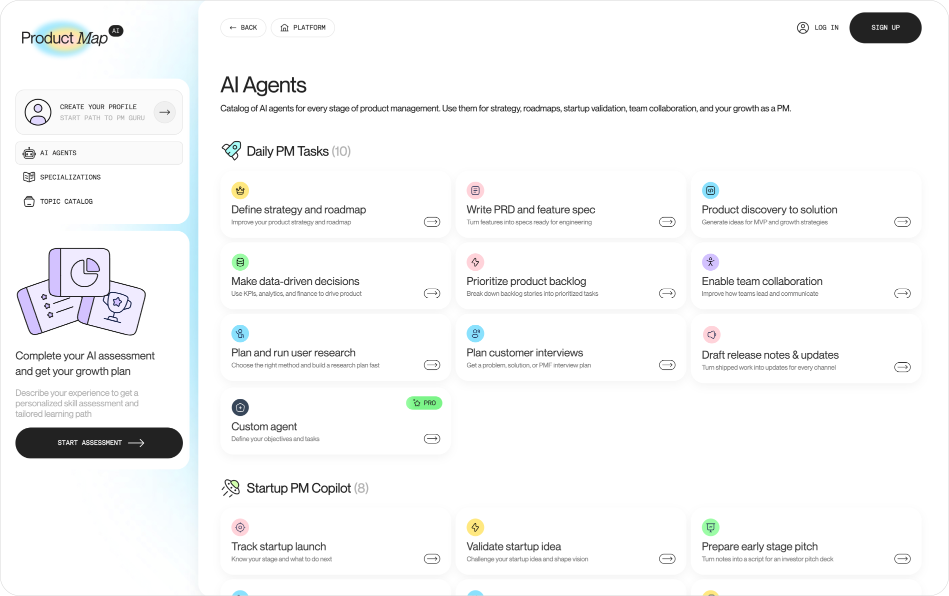 The Product Map AI Agents catalog, showing Daily PM Tasks cards such as Define strategy and roadmap, Write PRD and feature spec, and Prioritize product backlog, with Startup PM Copilot agents below