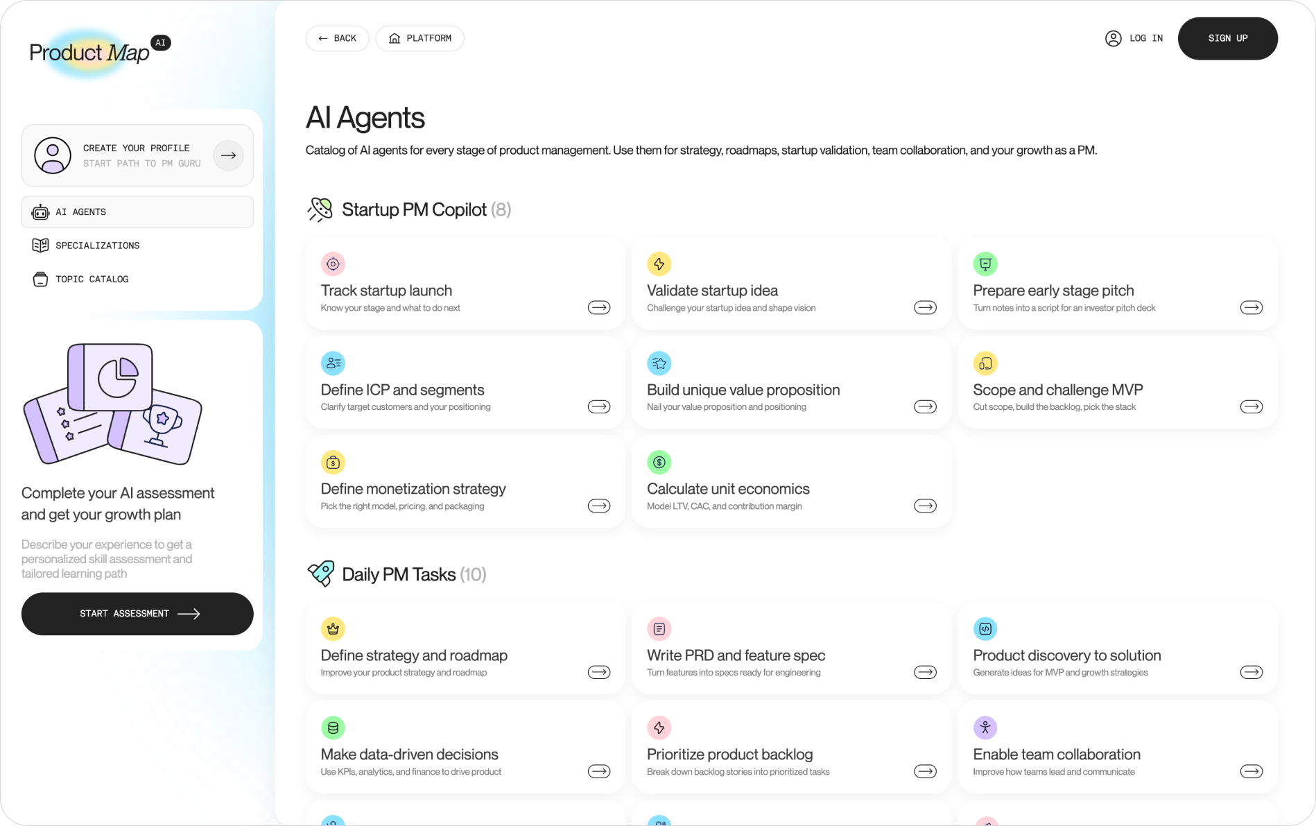 The Product Map All Agents page, showing agent cards grouped by category including "Validate startup idea," "Define ICP and segments," and "Calculate unit economics"