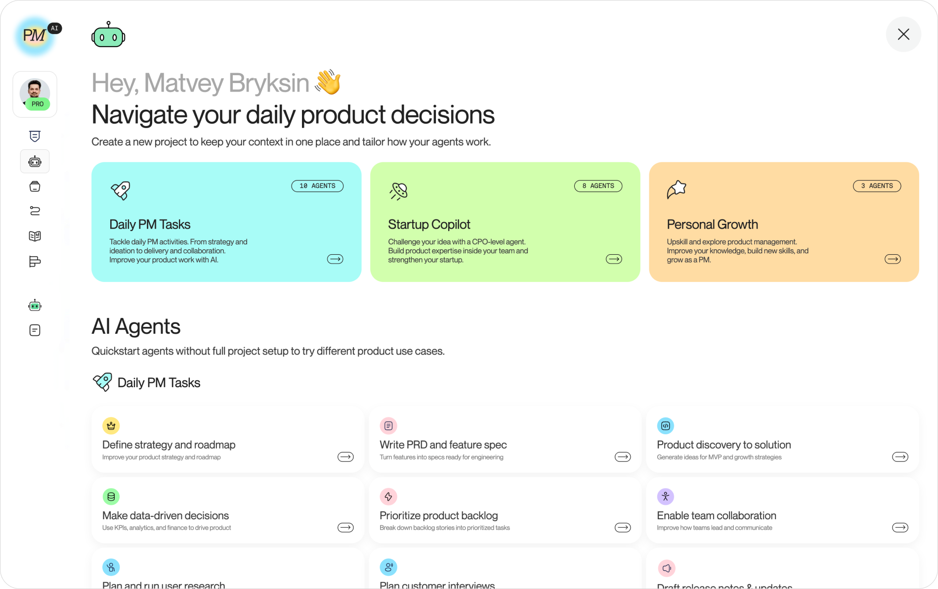 The Product Map project creation dashboard showing the three workspace cards (Daily PM Tasks, Startup Copilot, Personal Growth) with their agent counts, and the flat list of quickstart agents below