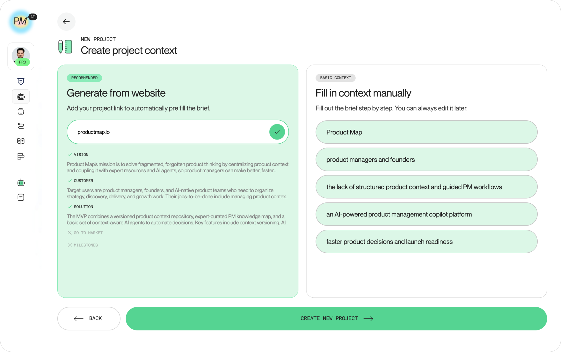 The "Create project context" screen after extraction completes, showing product and customer summaries with green checkmarks on the left and auto-filled organization, customer, and outcome fields on the right