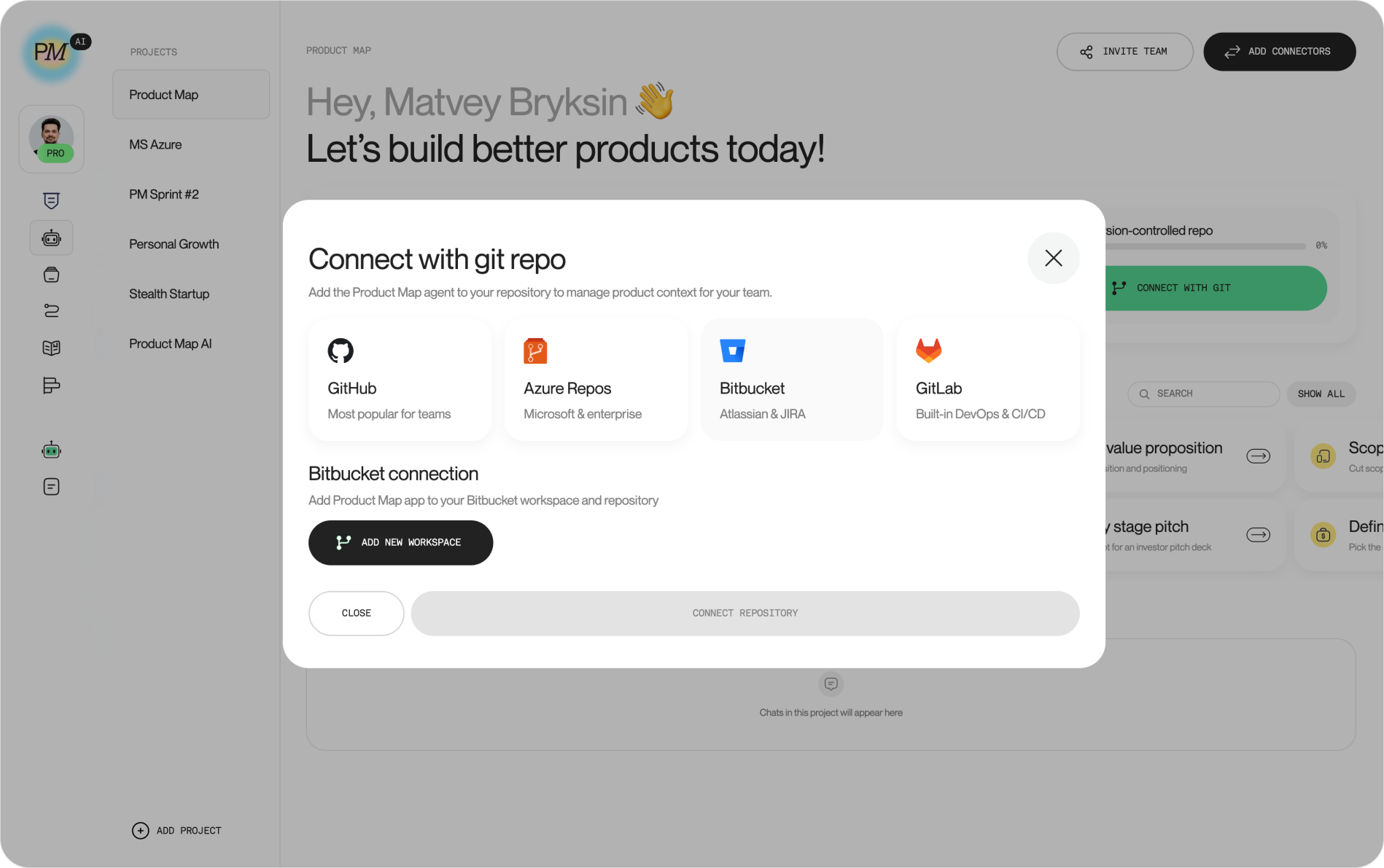 The "Connect with git repo" modal with the Bitbucket card selected, the "Bitbucket connection" section below it, and the "Add new workspace" button