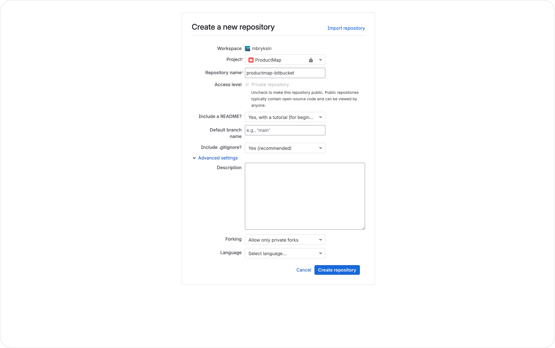 Bitbucket's "Create a new repository" form, showing workspace and project selected, a repository name filled in, the private checkbox checked, and README and .gitignore options enabled