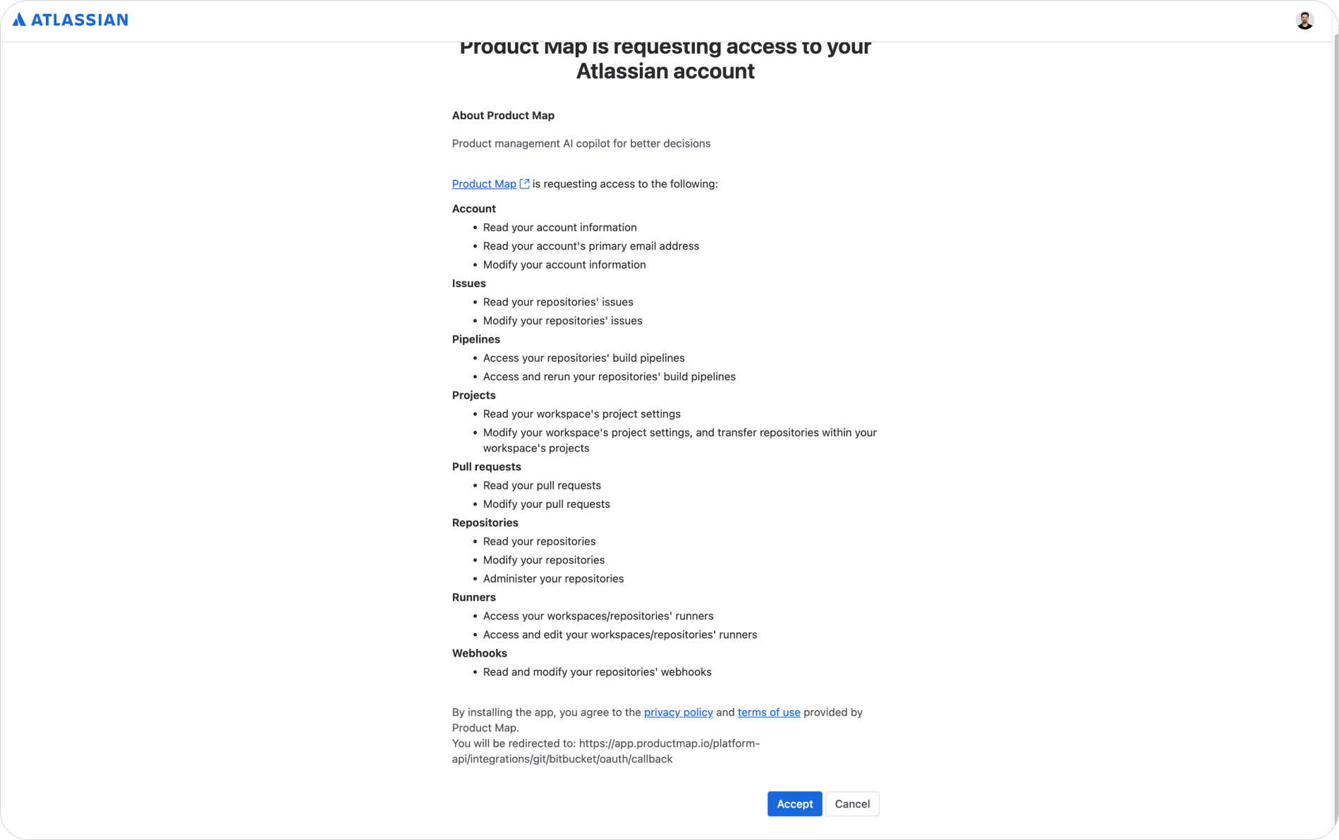 Bitbucket's OAuth authorization screen for the Product Map app, showing the signed-in account and the repository permissions being requested, with the Accept button