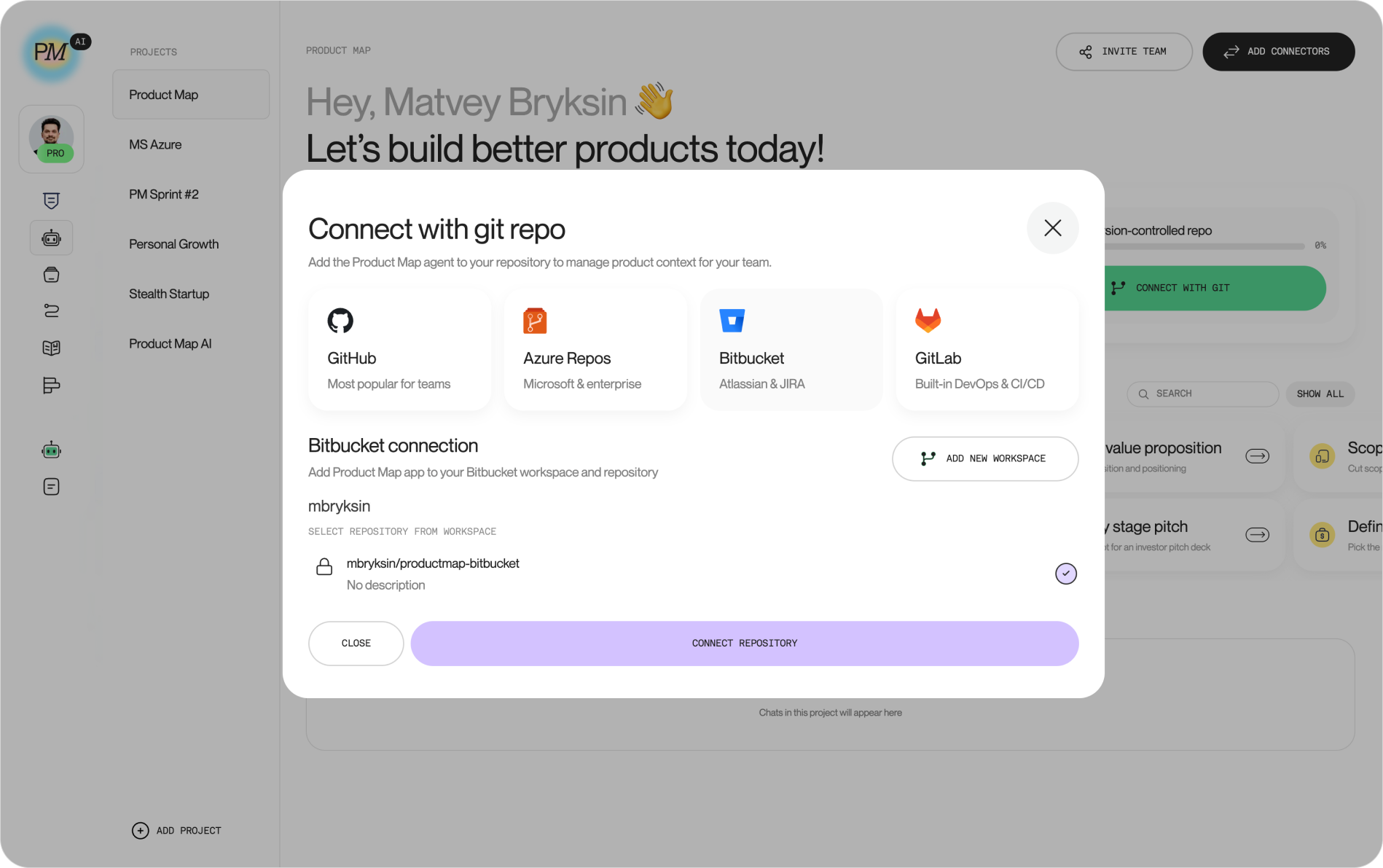 The Product Map connect modal after redirect, showing the Bitbucket workspace heading, the repository list with one repository selected and a checkmark, and the active "Connect repository" button