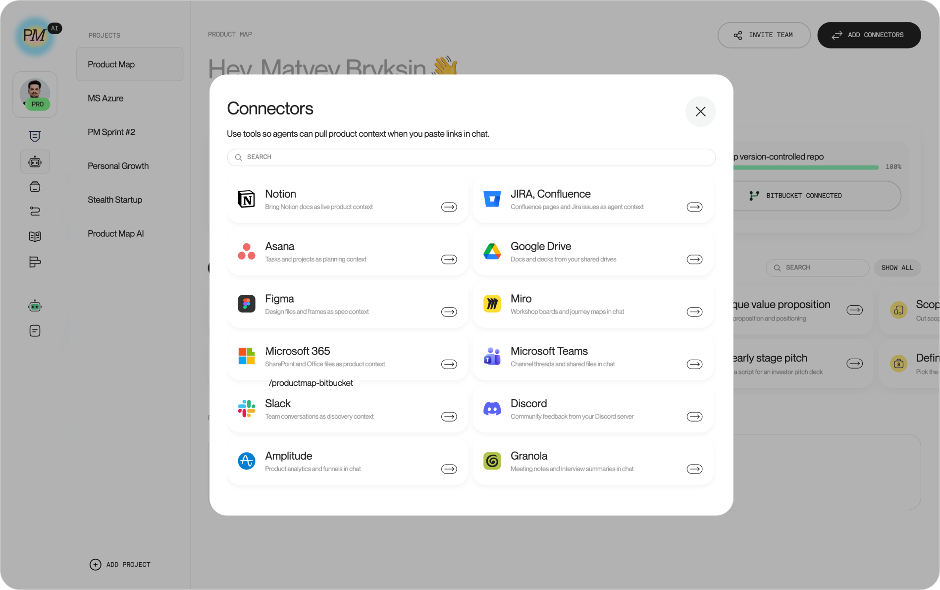 The Product Map "Connectors" modal listing integration options, with the "JIRA, Confluence" connector visible and the Bitbucket Connected status showing in the background
