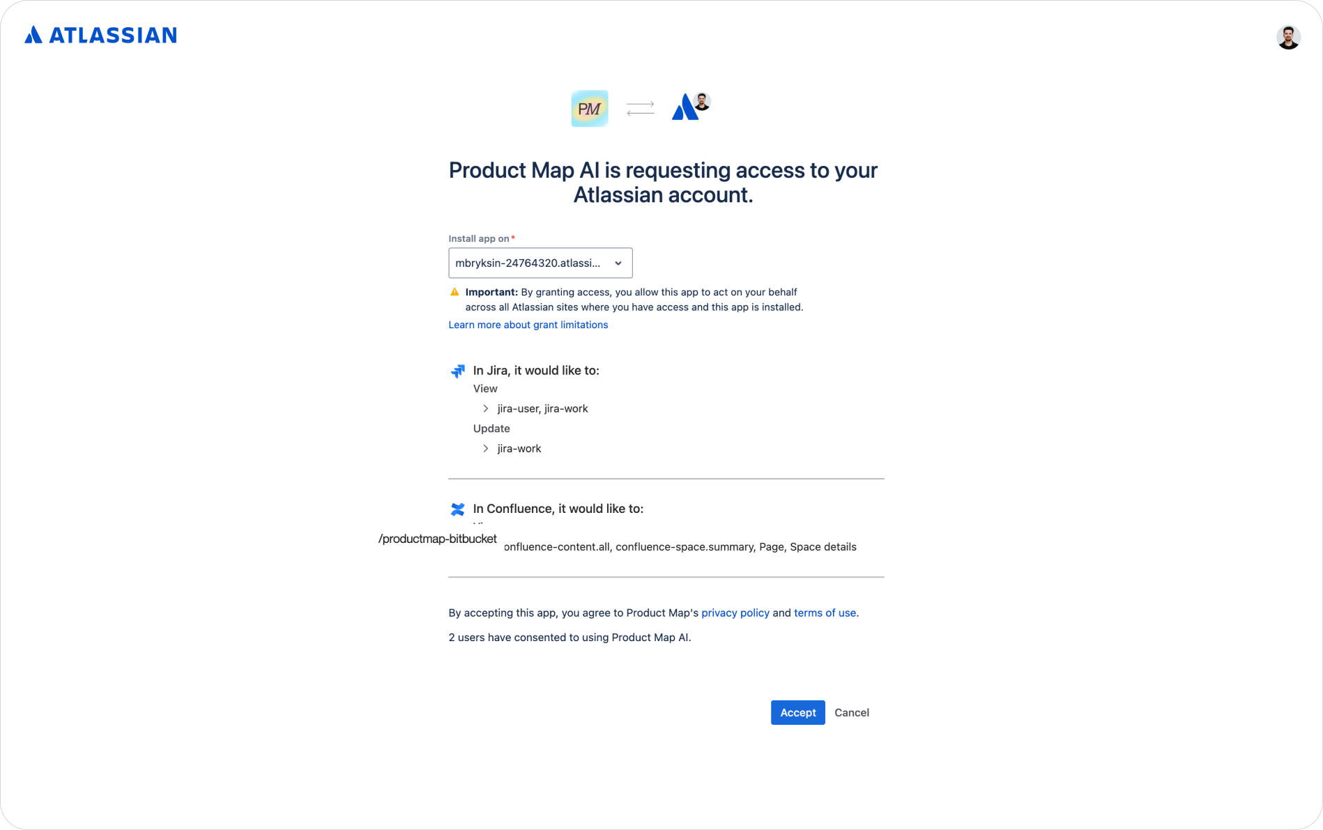 Atlassian's OAuth consent screen for Product Map AI, listing the Jira view and update scopes, the Confluence content scopes, and the site being authorized with an Accept button