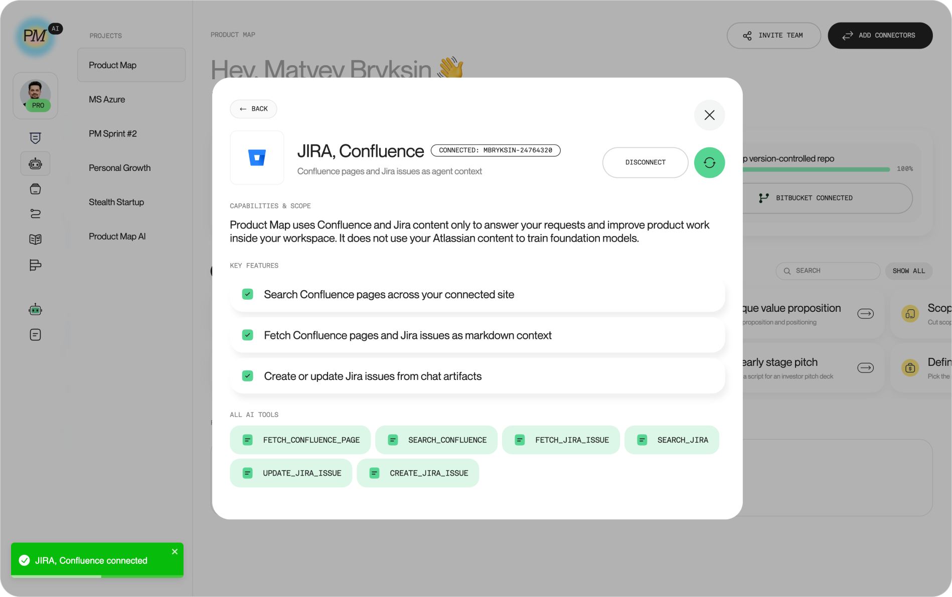 The Product Map JIRA, Confluence connector detail view showing the Connected badge, capabilities checklist, and the list of enabled AI tools, with a "JIRA, Confluence connected" toast in the corner