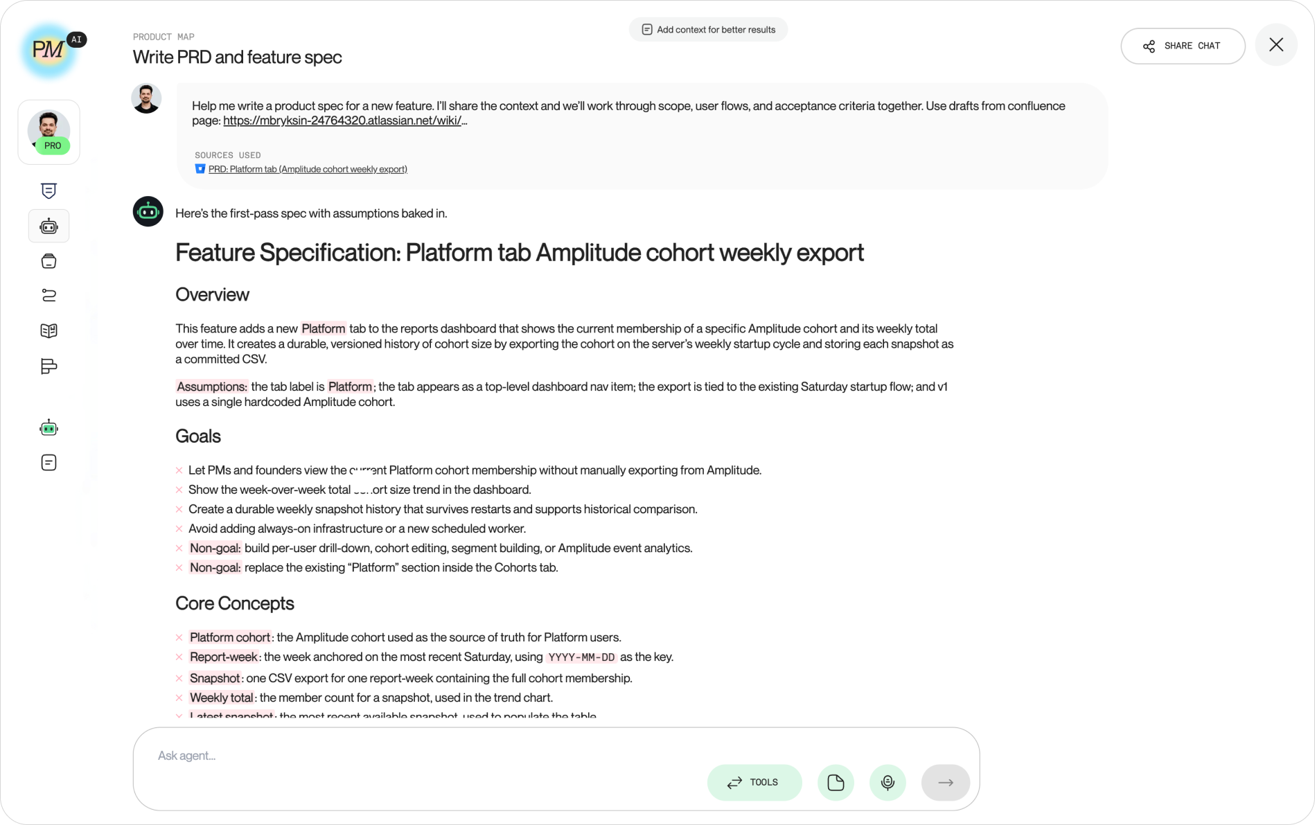 The agent chat reply showing a drafted "Feature Specification" with Overview and Goals sections, and a "Sources used" chip naming the Confluence page below the user's prompt