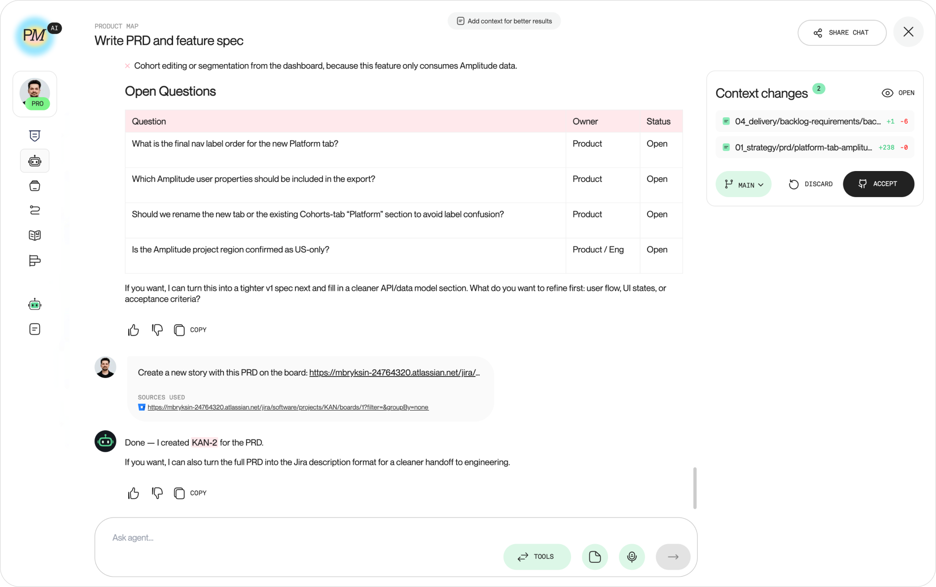 The PRD AI agent chat confirming a new Jira issue was created, with the Context changes panel open showing backlog.md and a new PRD file pending, and Accept and Discard buttons next to a branch selector
