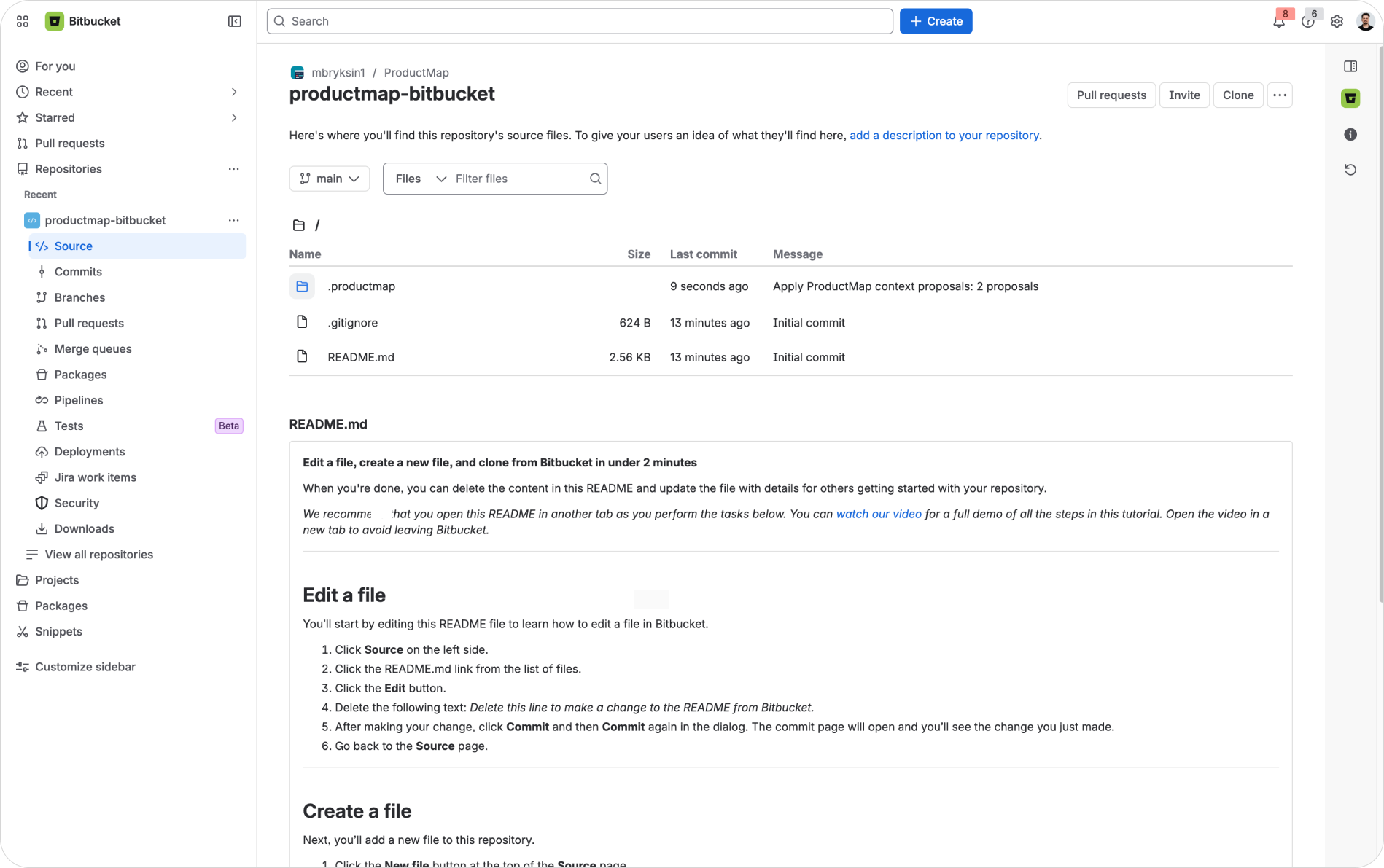 The Bitbucket repository Source view showing the .productmap folder with a recent commit from the Product Map bot, alongside README.md and .gitignore