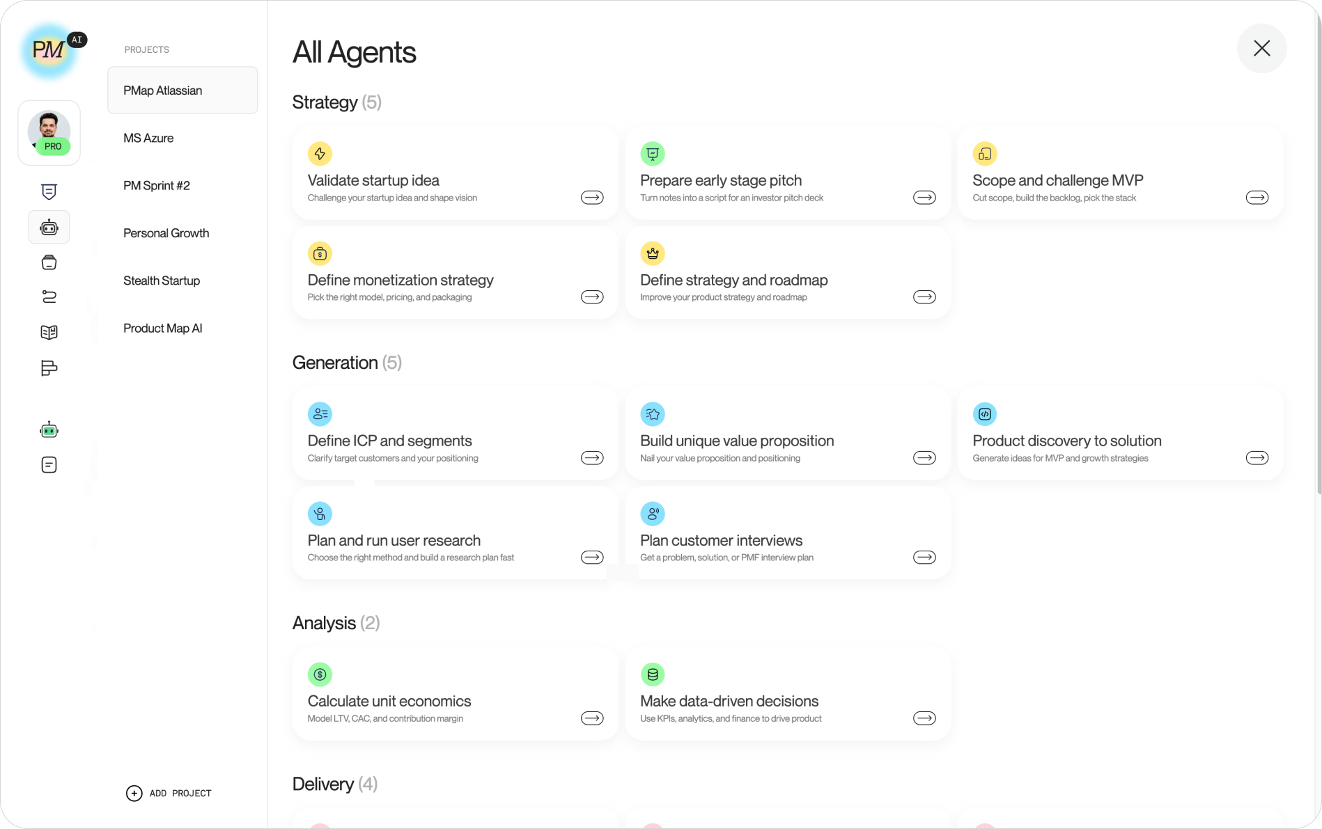 The "All Agents" page showing the Strategy, Generation, Analysis, and Delivery categories with their agent cards, and the project sidebar with the connected Atlassian project selected