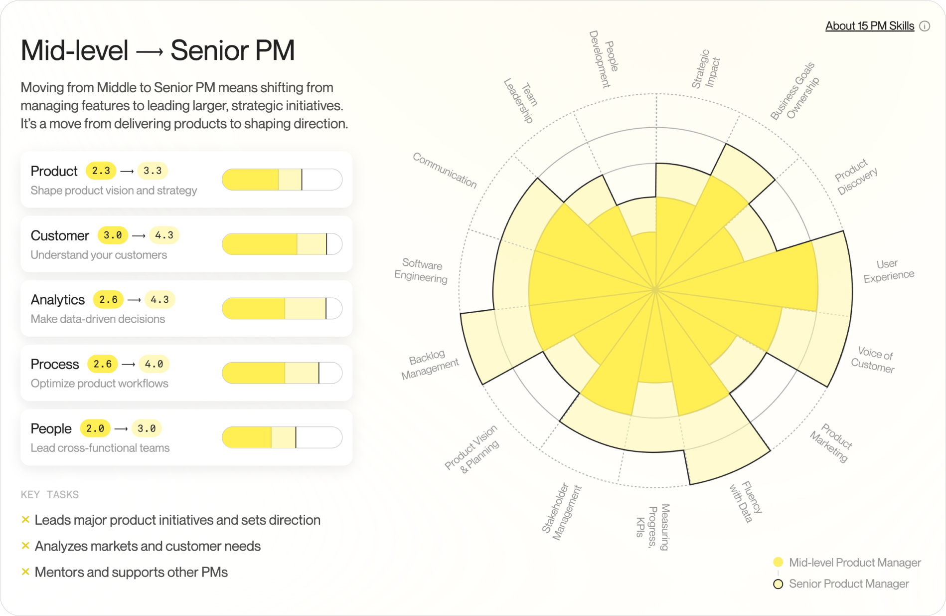 The Senior PM card from the Product Map career ladder and PM grades guide, showing the senior role with key responsibilities: lead major initiatives, shape strategy, and mentor other PMs