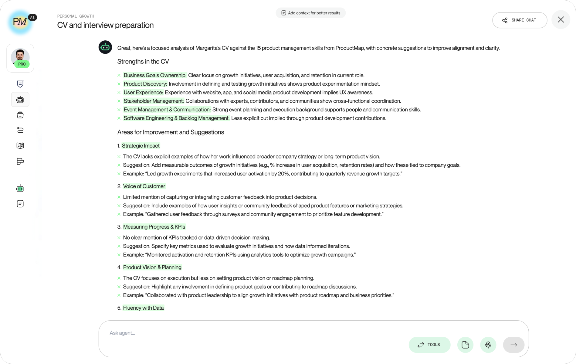 Product Map AI agent for CV assessment based on 15 product management skills and PM interview preparation