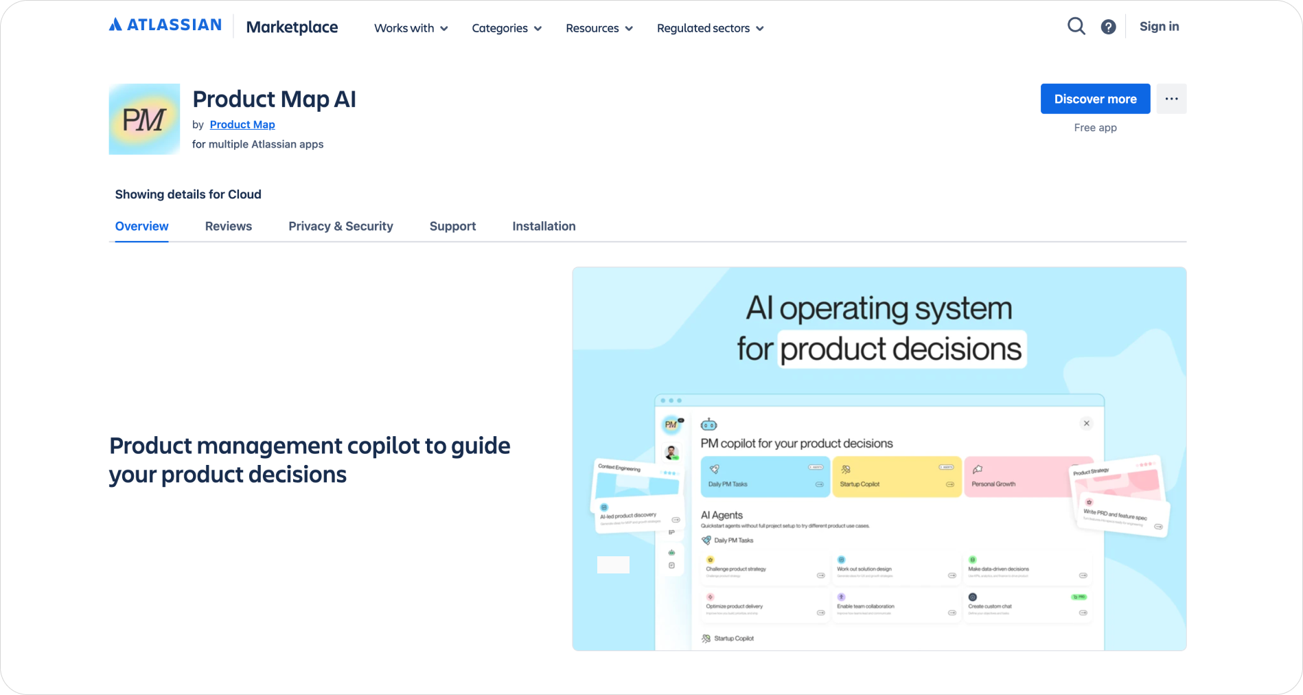 The Atlassian Marketplace listing for Product Map AI by Product Map, showing the app name, the free-app label, Cloud selected, and the overview that it works with Jira, Confluence, and Bitbucket